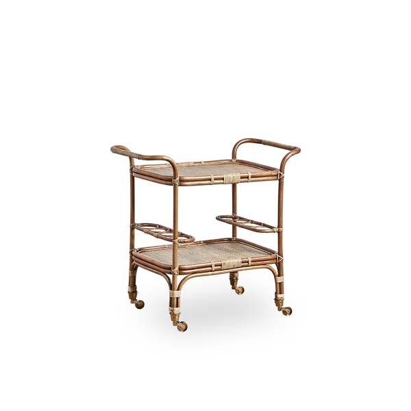 Side view of the Carlo bar trolley handcrafted from high-quality Indonesian rattan in an antique brown finish, with detailed weaves on a solid rattan frame.