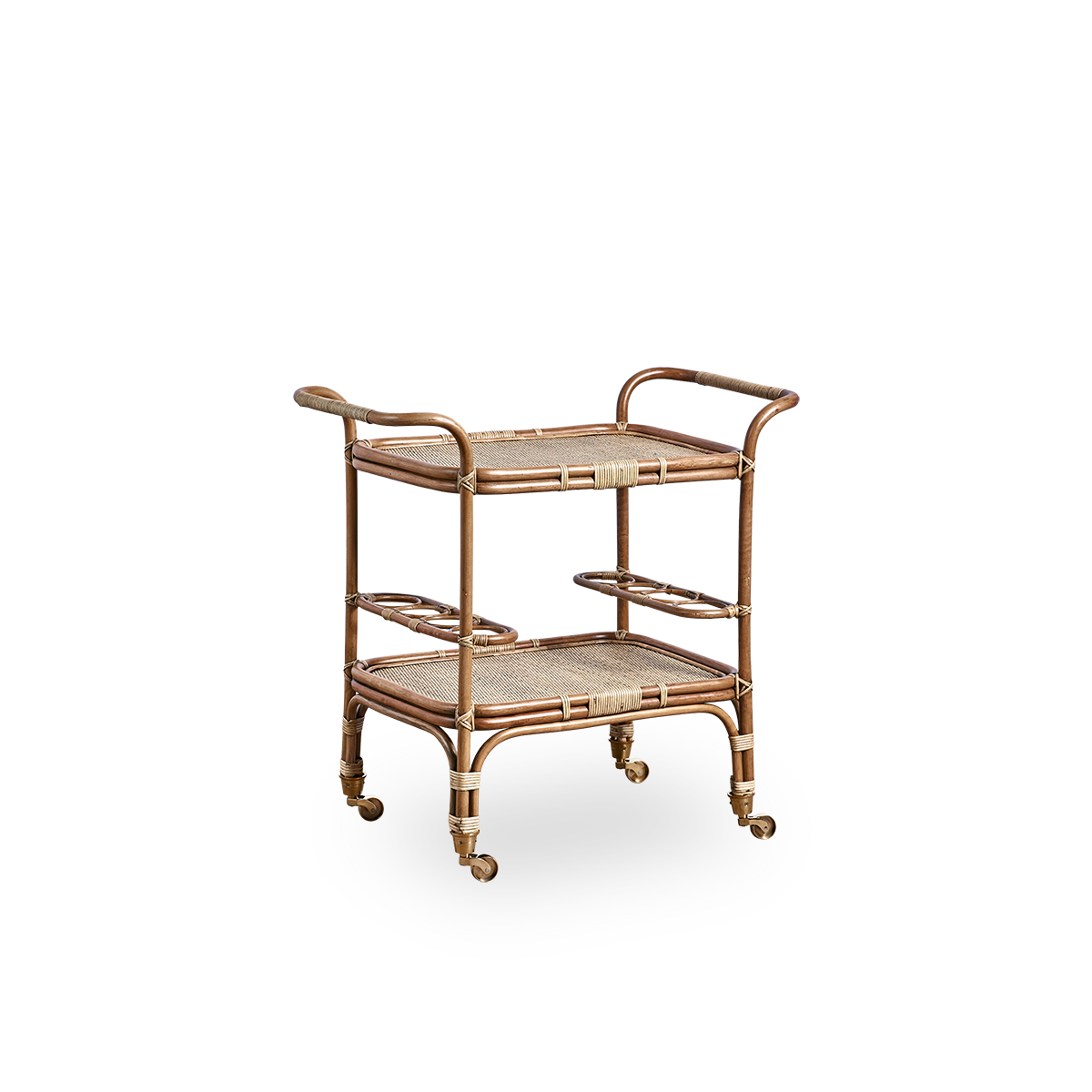 Side view of the Carlo bar trolley handcrafted from high-quality Indonesian rattan in an antique brown finish, with detailed weaves on a solid rattan frame.