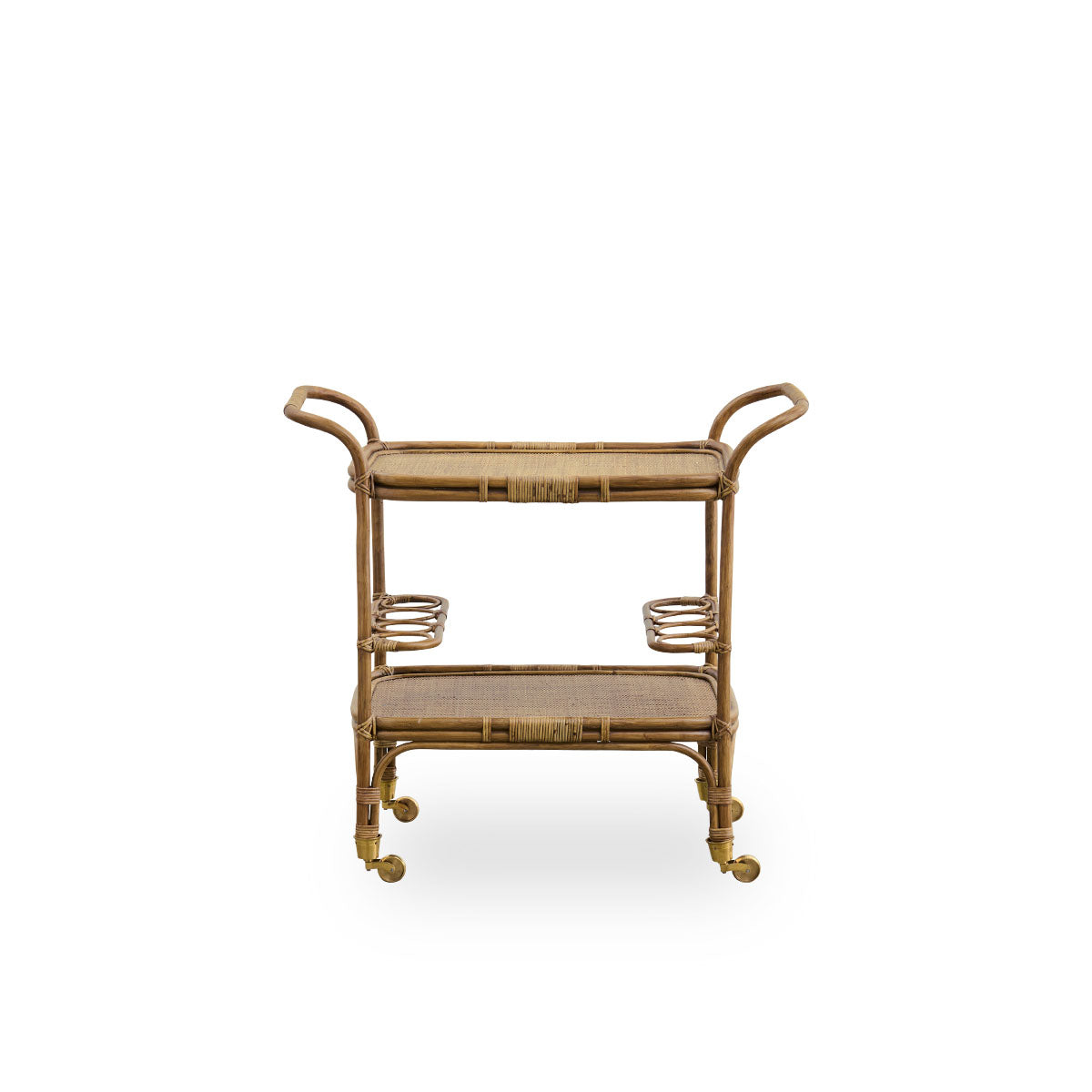 Front view of the Carlo bar trolley handcrafted from high-quality Indonesian rattan in an antique brown finish, with detailed weaves on a solid rattan frame.