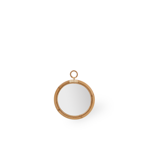 Round Ella rattan mirror size Small, measuring 40 cm i diameter. Handcrafted from high-quality Indonesian rattan.