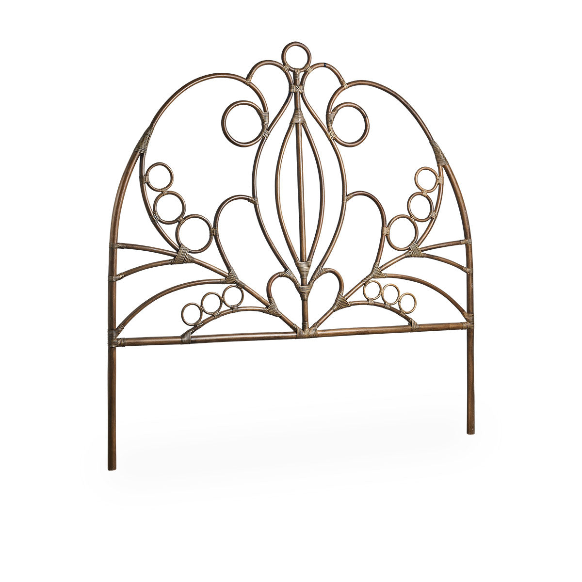 Side view of Natalia rattan headboard in Antique brown color with woven rattan details on a rattan frame. Handcrafted from high-quality Indonesian rattan.