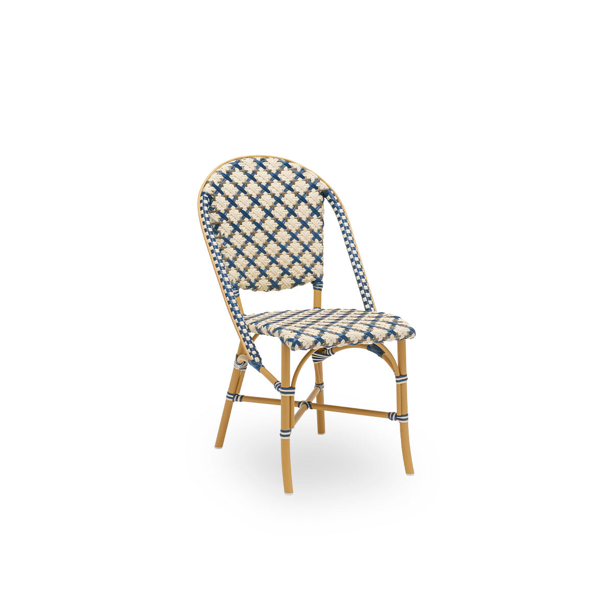 Side view of Sofie outdoor dining chair inspired by French café style. Aluminium frame in Almond color with fully woven seat- and backrest handcrafted in ArtFibre in starweave in Ivory, Navy Blue and Cappuccino. Stackable outdoor bistro chair.