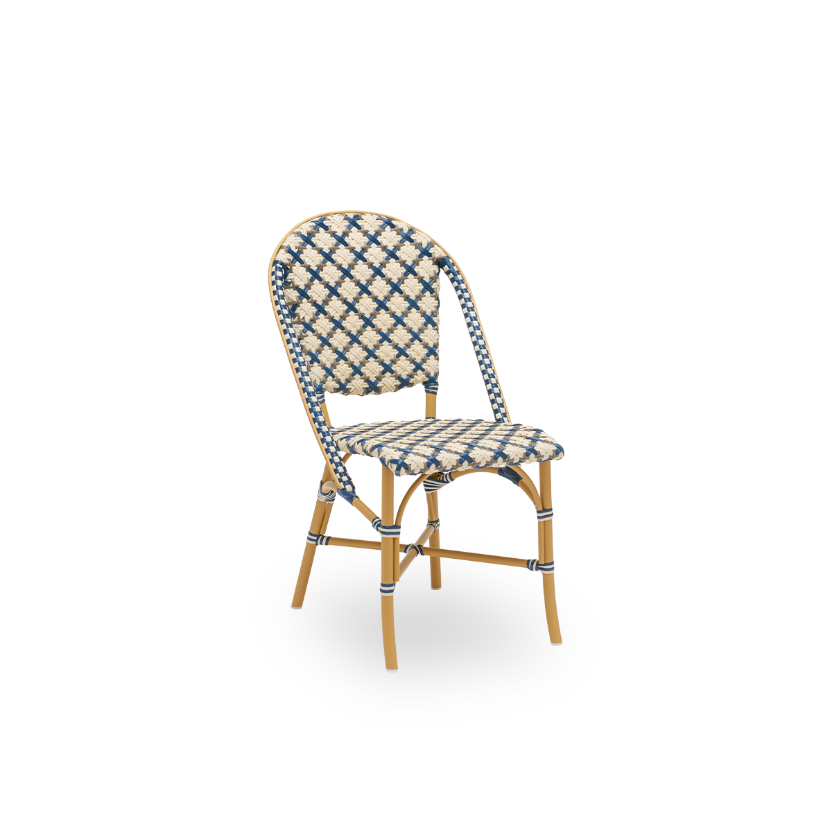 Side view of Sofie outdoor dining chair inspired by French café style. Aluminium frame in Almond color with fully woven seat- and backrest handcrafted in ArtFibre in starweave in Ivory, Navy Blue and Cappuccino. Stackable outdoor bistro chair.
