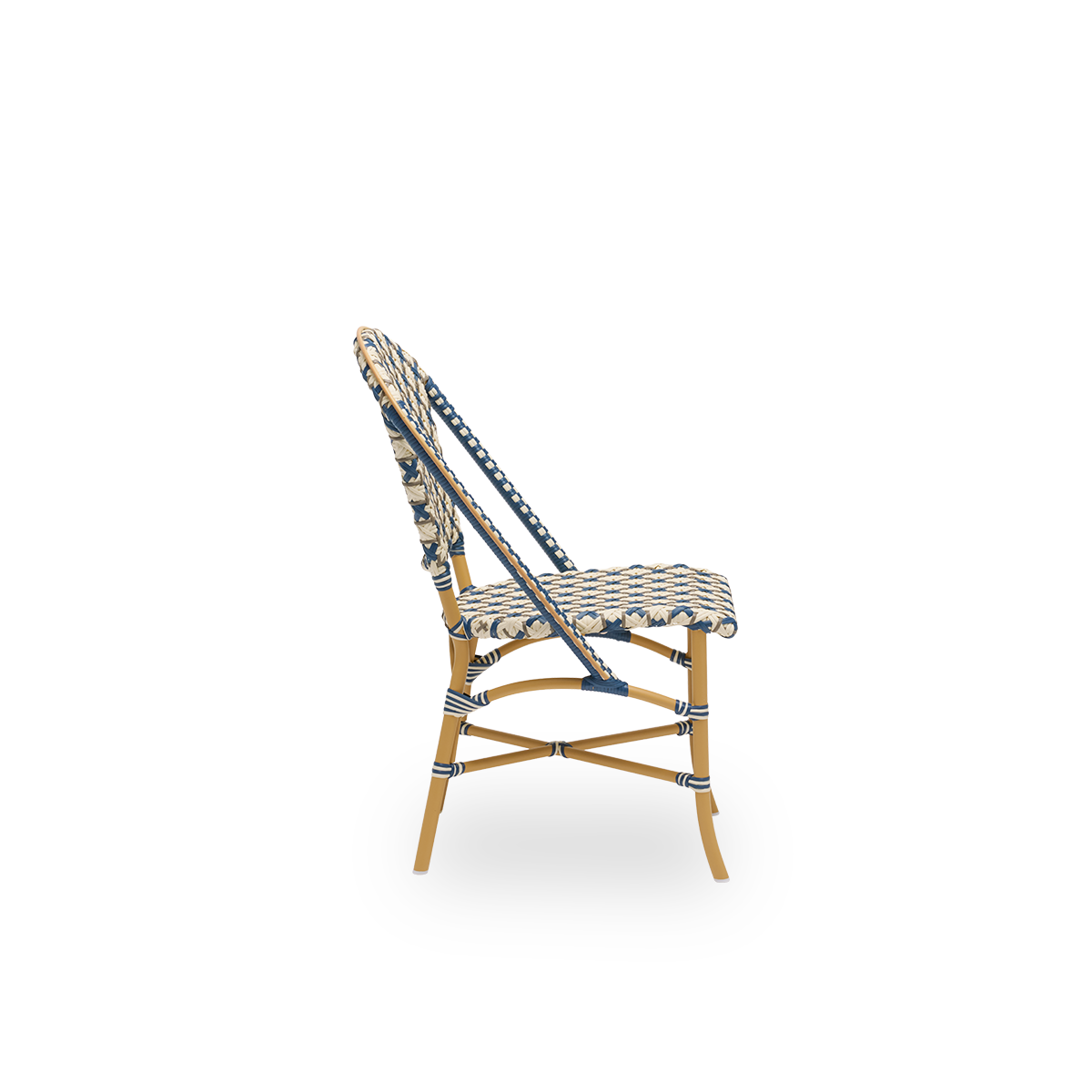 Plain side view of Sofie outdoor dining chair inspired by French café style. Aluminium frame in Almond color with fully woven seat- and backrest handcrafted in ArtFibre in starweave in Ivory, Navy Blue and Cappuccino. Stackable outdoor bistro chair.