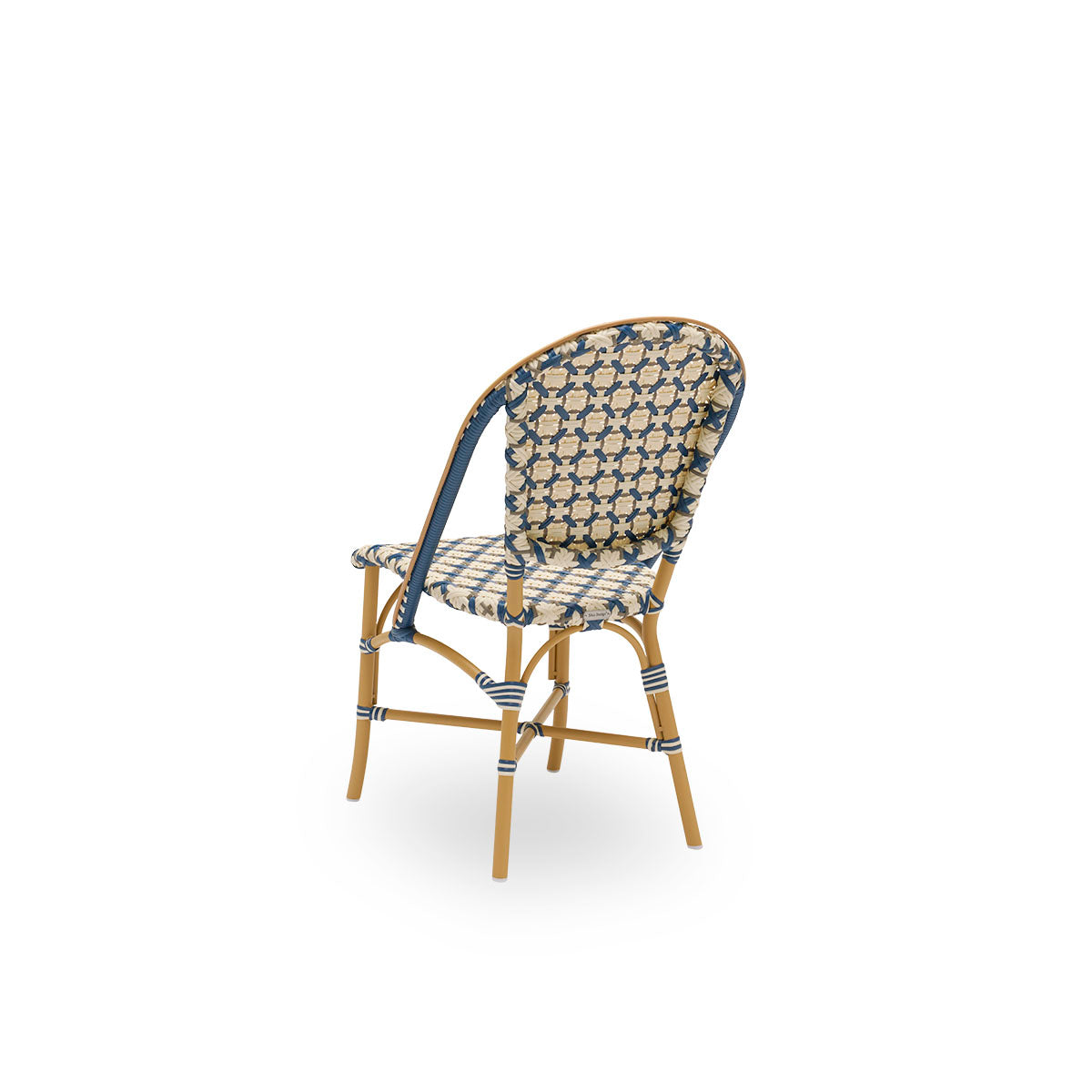 Back side view of Sofie outdoor dining chair inspired by French café style. Aluminium frame in Almond color with fully woven seat- and backrest handcrafted in ArtFibre in starweave in Ivory, Navy Blue and Cappuccino. Stackable outdoor bistro chair.