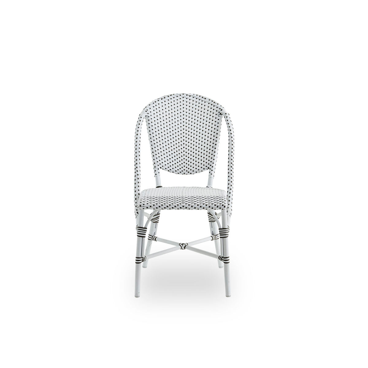 Front view of the Sofie outdoor dining chair inspired by French café style.
Aluminum frame in white color with fully woven seat and backrest handcrafted in ArtFibre in white with a brown dots pattern. Stackable outdoor bistro chair.
