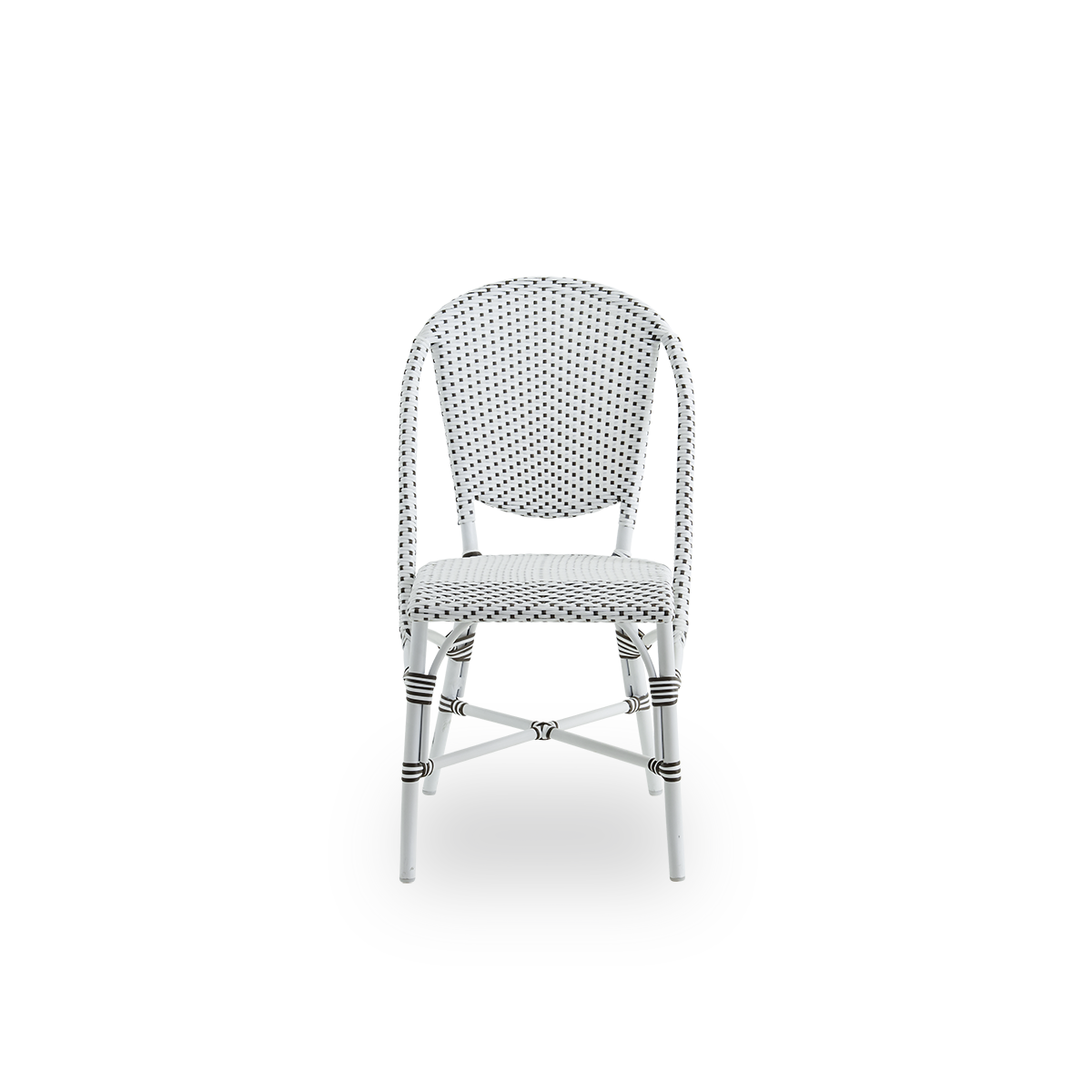 Front view of the Sofie outdoor dining chair inspired by French café style.
Aluminum frame in white color with fully woven seat and backrest handcrafted in ArtFibre in white with a brown dots pattern. Stackable outdoor bistro chair.