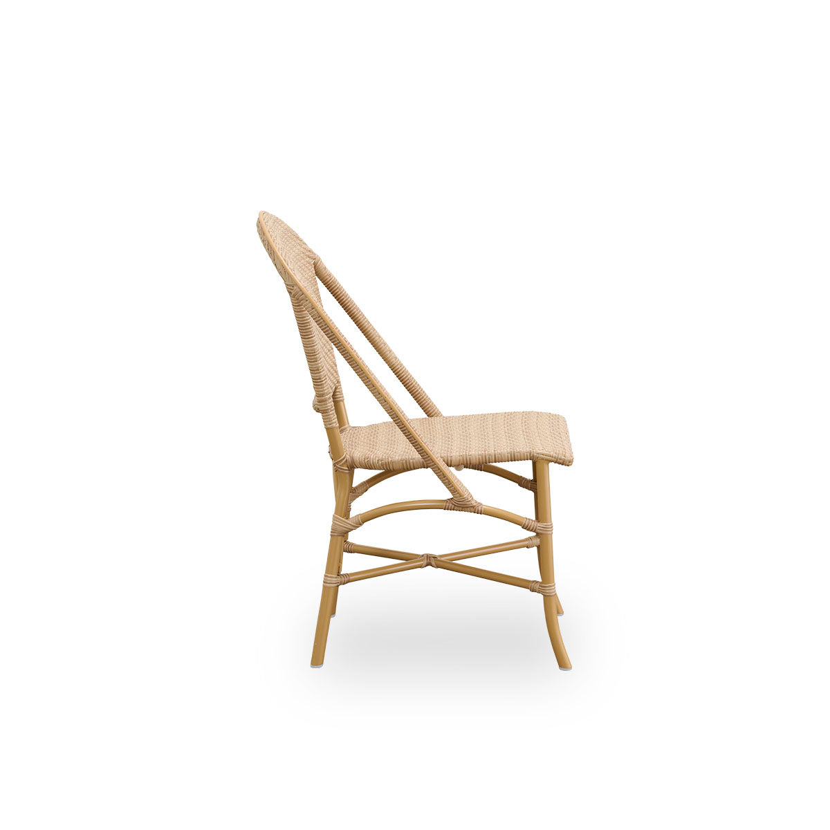 Plain side view of Sofie outdoor dining chair inspired by French café style. Aluminium frame in Almond color with fully woven seat- and backrest handcrafted in ArtFibre in natural color. Stackable outdoor bistro chair.