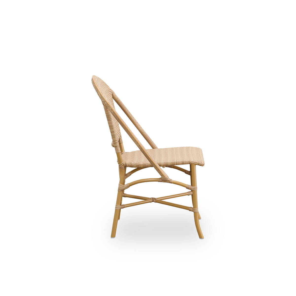 Plain side view of Sofie outdoor dining chair inspired by French café style. Aluminium frame in Almond color with fully woven seat- and backrest handcrafted in ArtFibre in natural color. Stackable outdoor bistro chair.