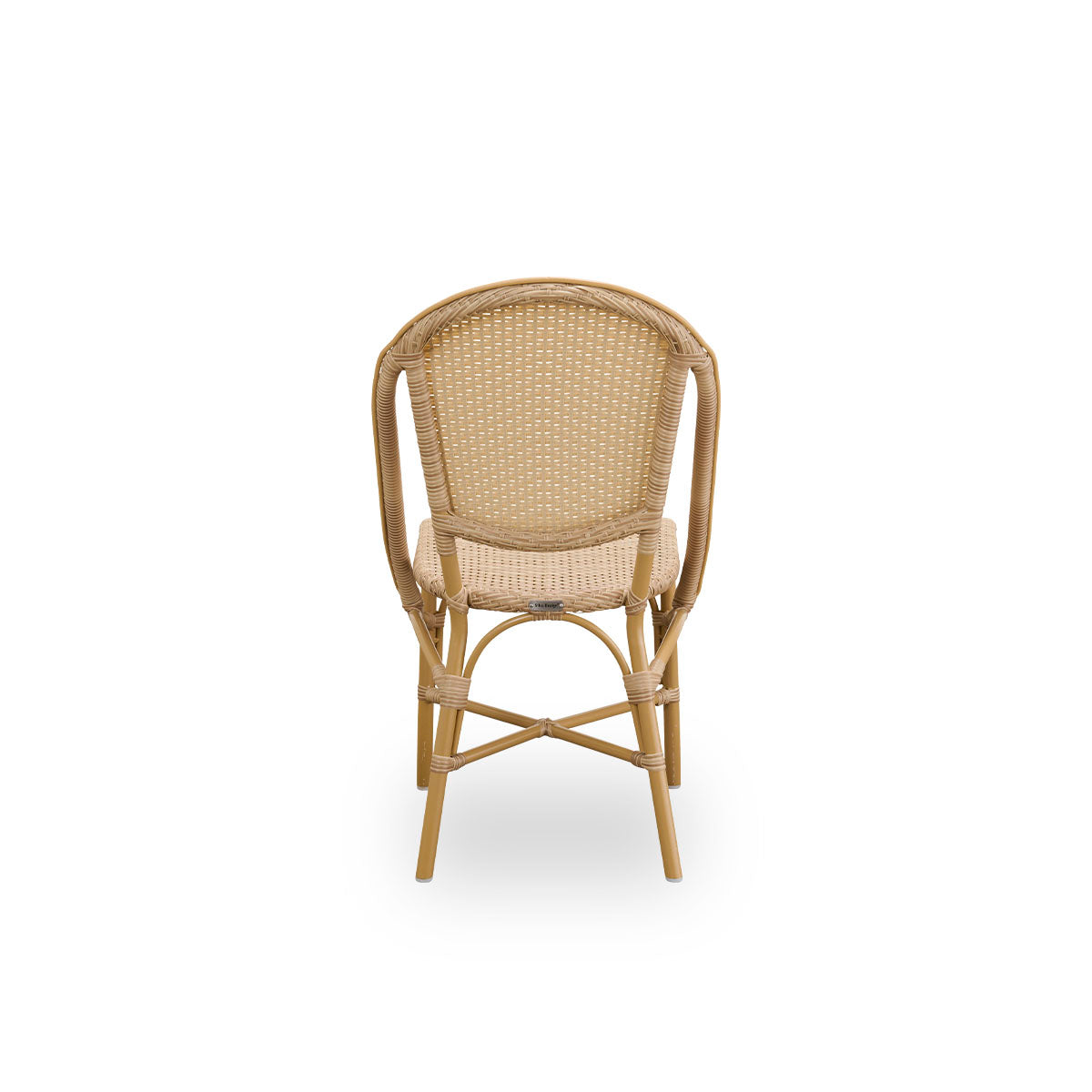 Plain back view of Sofie outdoor dining chair inspired by French café style. Aluminium frame in Almond color with fully woven seat and backrest handcrafted in ArtFibre in natural color. Stackable outdoor bistro chair.