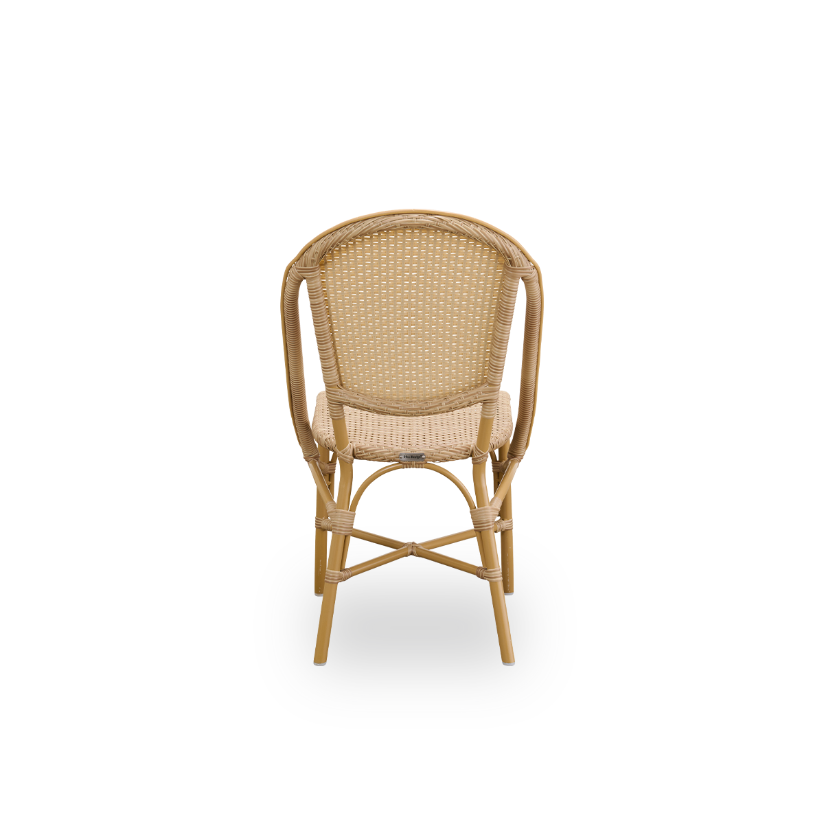 Plain back view of Sofie outdoor dining chair inspired by French café style. Aluminium frame in Almond color with fully woven seat and backrest handcrafted in ArtFibre in natural color. Stackable outdoor bistro chair.