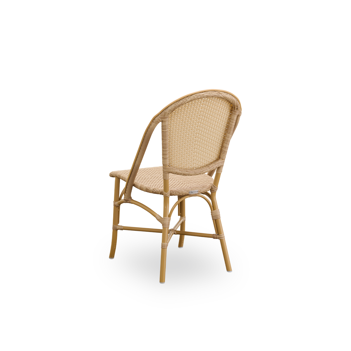 Back side view of the Sofie outdoor dining chair inspired by French café style.
Aluminum frame in almond color with fully woven seat and backrest handcrafted in ArtFibre in natural color. Stackable outdoor bistro chair.