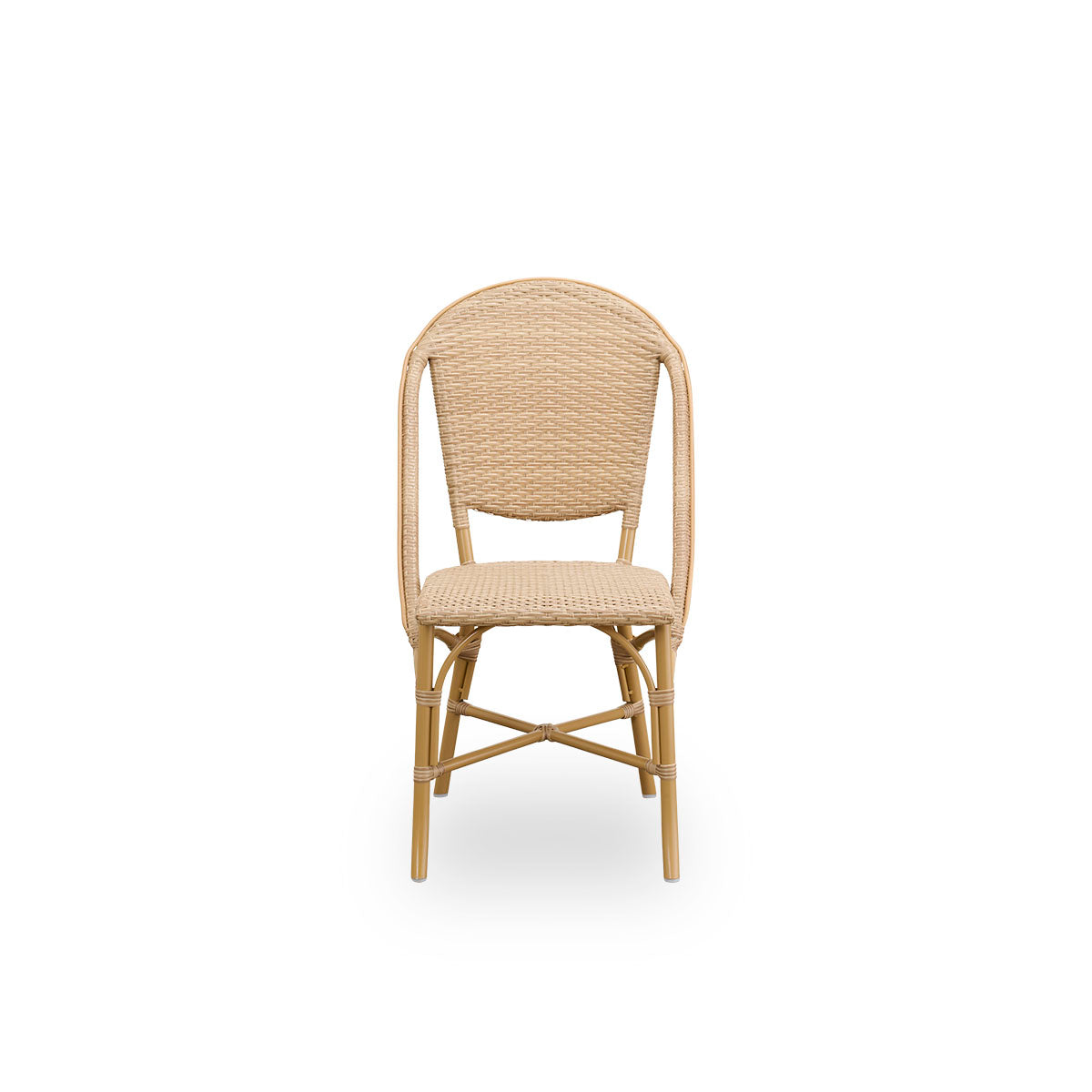Front view of the Sofie outdoor dining chair inspired by French café style.
Aluminum frame in almond color with fully woven seat and backrest handcrafted in ArtFibre in natural color. Stackable outdoor bistro chair.