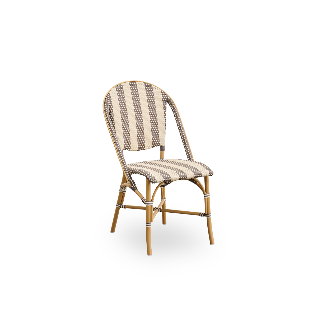 Side view of Sofie outdoor dining chair inspired by French café style. Aluminium frame in Almond color with fully woven seat- and backrest handcrafted in ArtFibre in broad striped pattern in Ivory and brown. Stackable outdoor bistro chair.