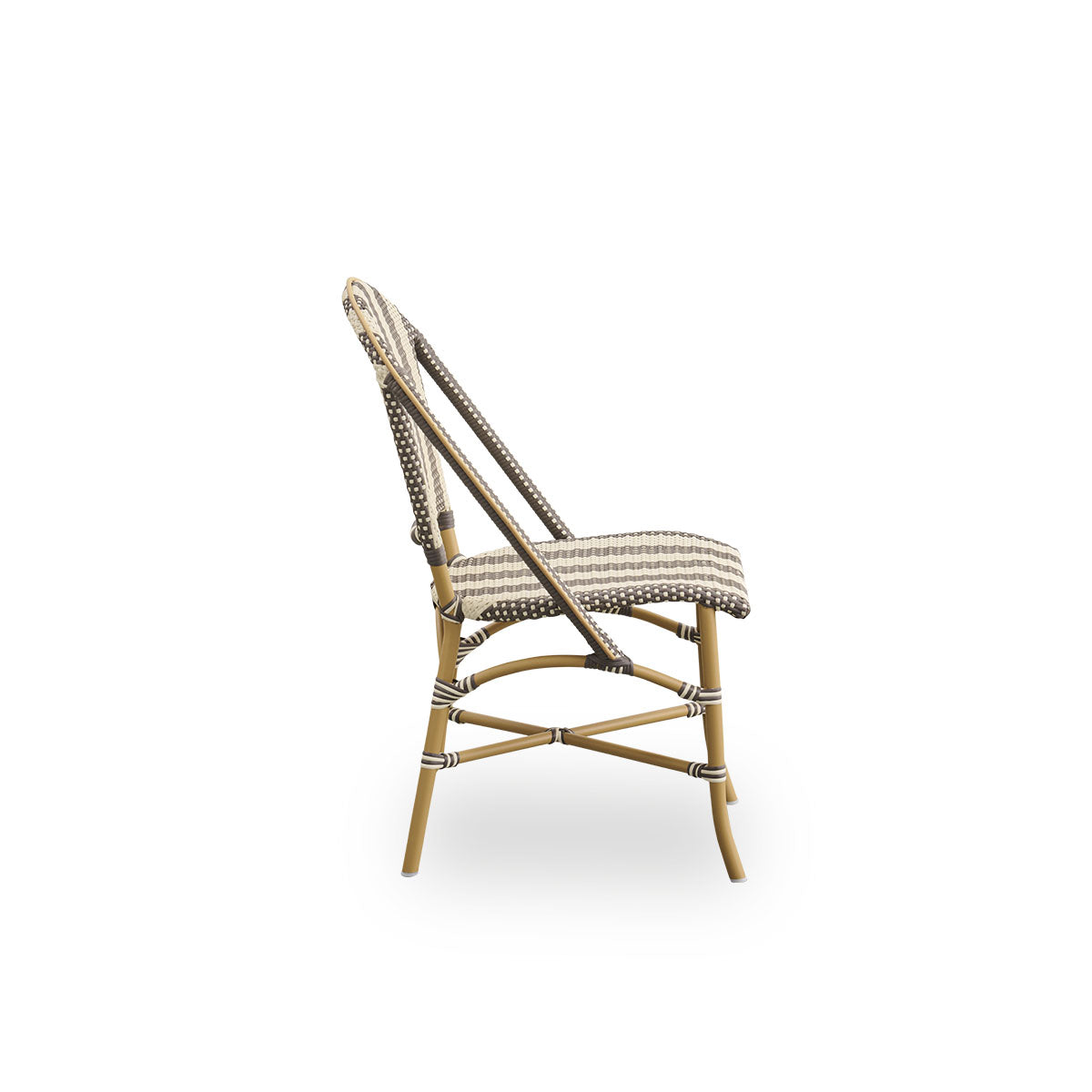 Plain side view of Sofie outdoor dining chair inspired by French café style. Aluminium frame in Almond color with fully woven seat- and backrest handcrafted in ArtFibre in broad striped pattern in Ivory and brown. Stackable outdoor bistro chair.