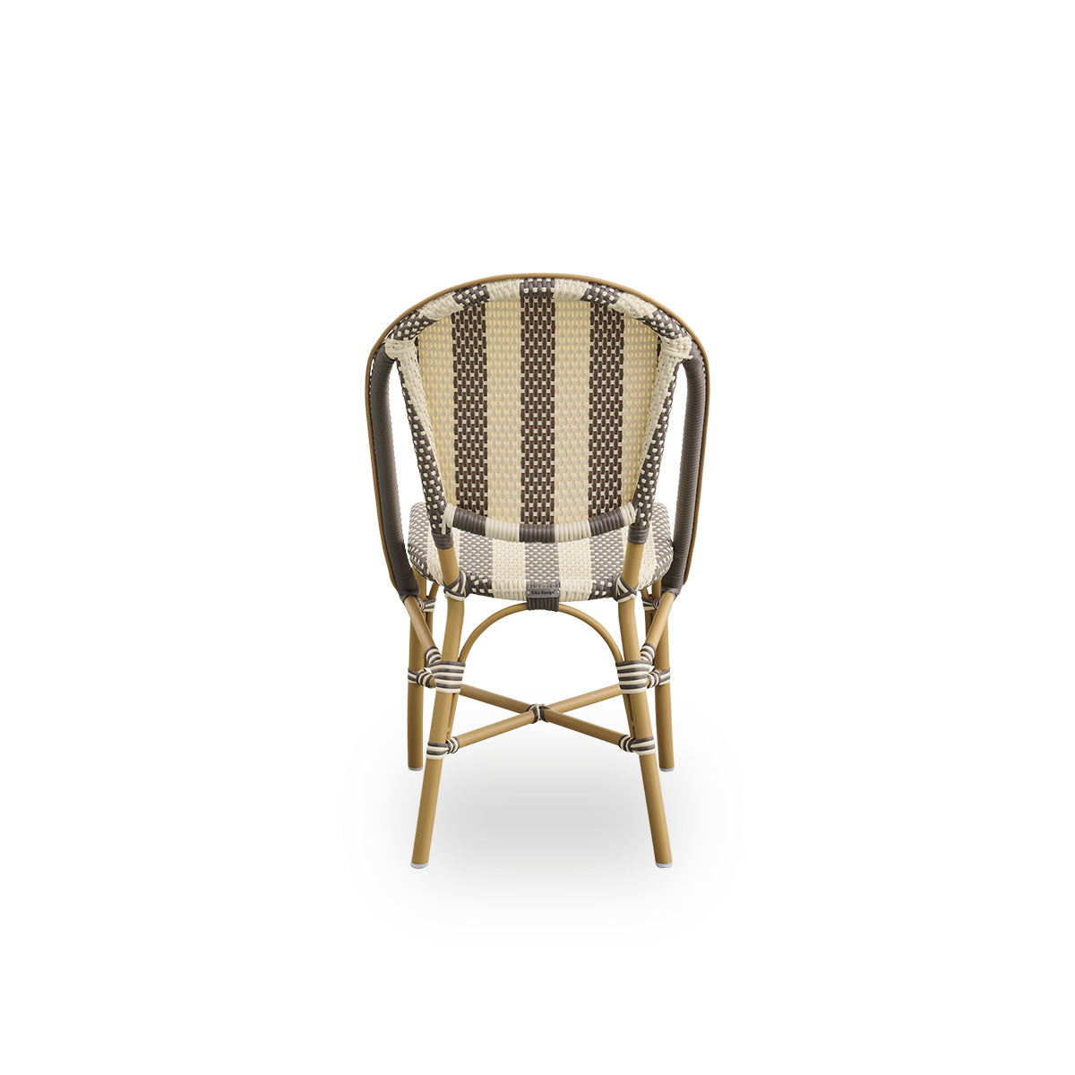 Plain back view of Sofie outdoor dining chair inspired by French café style. Aluminium frame in Almond color with fully woven seat and backrest handcrafted in ArtFibre in broad striped pattern in Ivory and brown. Stackable outdoor bistro chair.