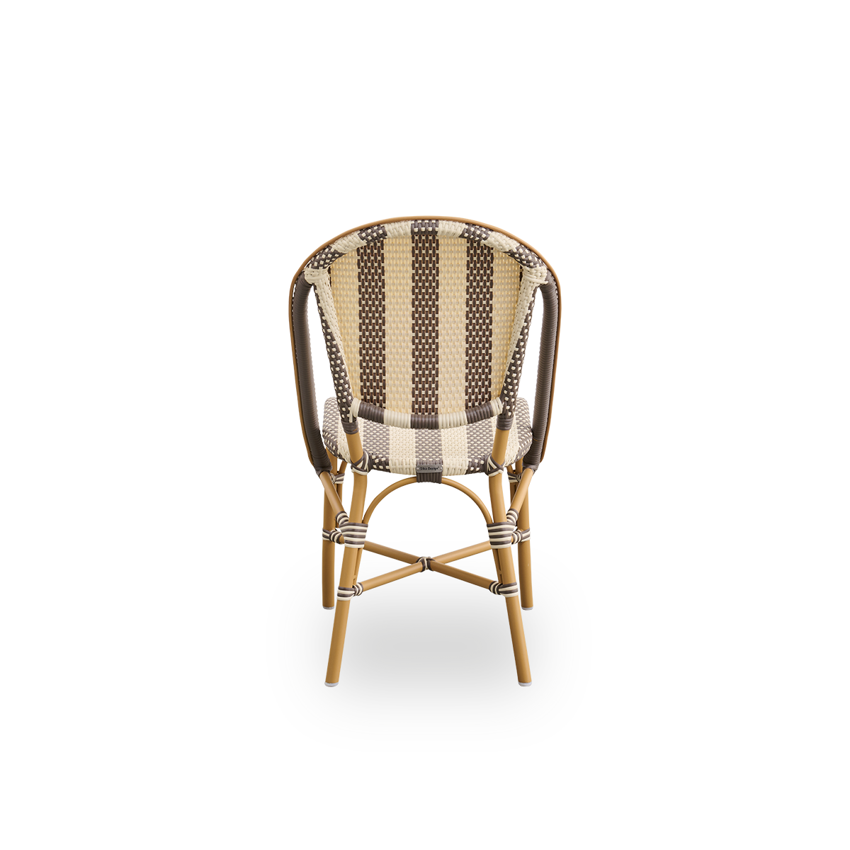 Plain back view of Sofie outdoor dining chair inspired by French café style. Aluminium frame in Almond color with fully woven seat and backrest handcrafted in ArtFibre in broad striped pattern in Ivory and brown. Stackable outdoor bistro chair.