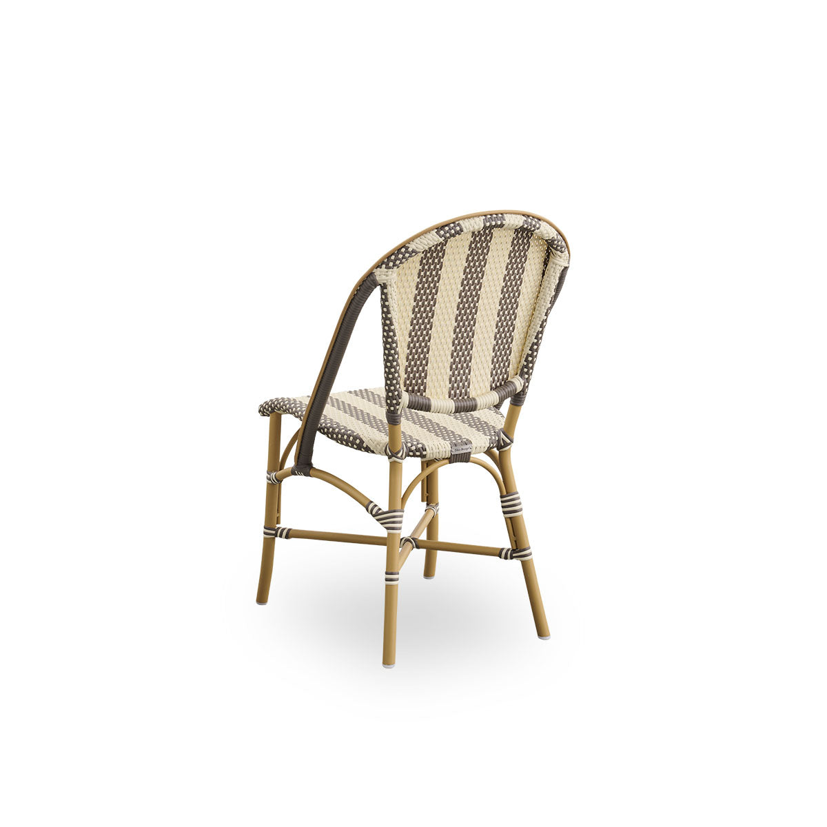 Back side view of the Sofie outdoor dining chair inspired by French café style.
Aluminum frame in almond color with fully woven seat and backrest handcrafted in ArtFibre in broad striped pattern in ivory and brown. Stackable outdoor bistro chair.