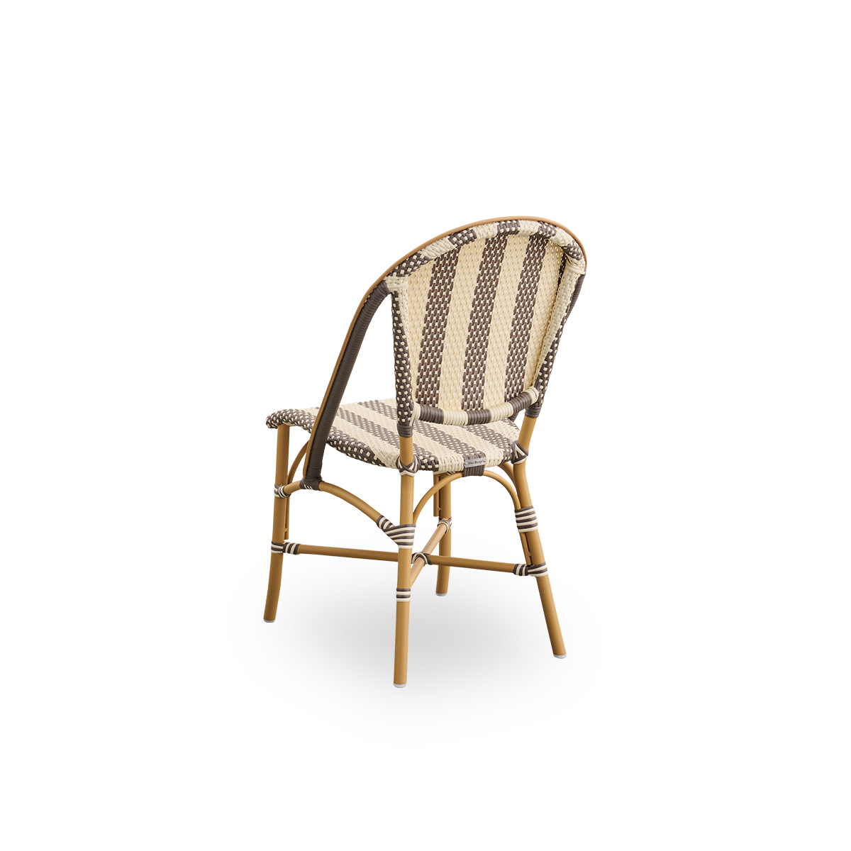Back side view of the Sofie outdoor dining chair inspired by French café style.
Aluminum frame in almond color with fully woven seat and backrest handcrafted in ArtFibre in broad striped pattern in ivory and brown. Stackable outdoor bistro chair.