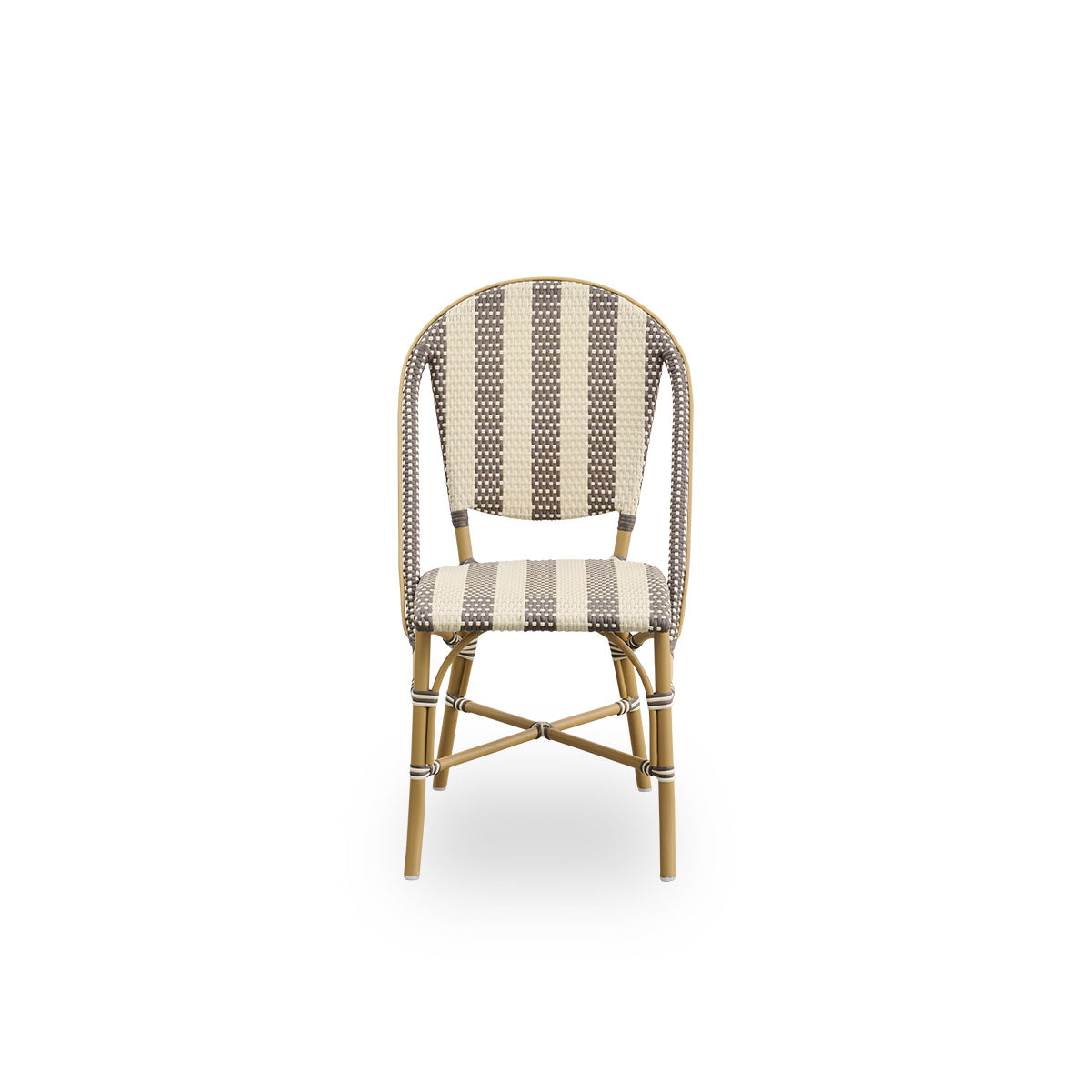 Front view of the Sofie outdoor dining chair inspired by French café style.
Aluminum frame in almond color with fully woven seat and backrest handcrafted in ArtFibre in a broad striped pattern in ivory and brown. Stackable outdoor bistro chair.