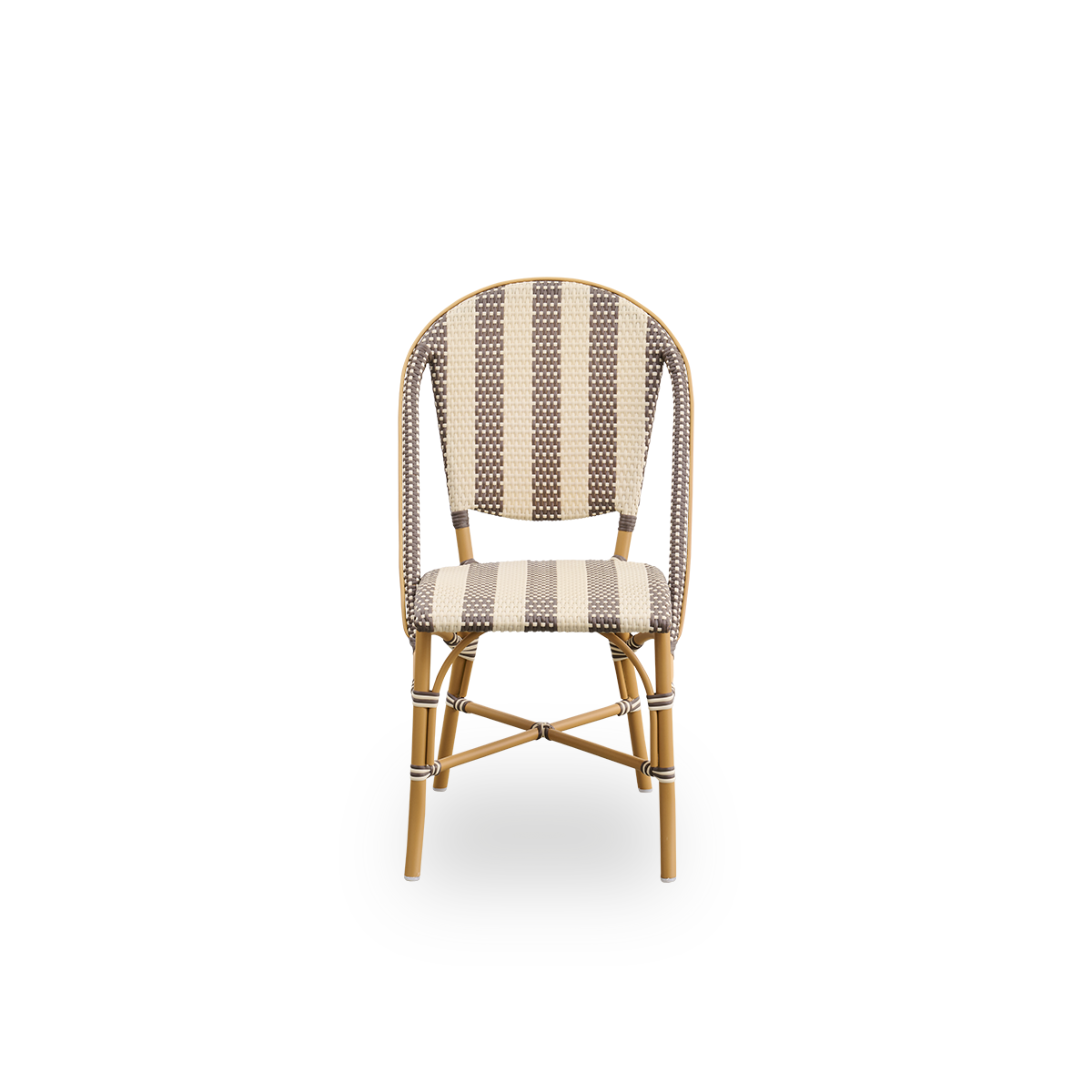 Front view of the Sofie outdoor dining chair inspired by French café style.
Aluminum frame in almond color with fully woven seat and backrest handcrafted in ArtFibre in a broad striped pattern in ivory and brown. Stackable outdoor bistro chair.