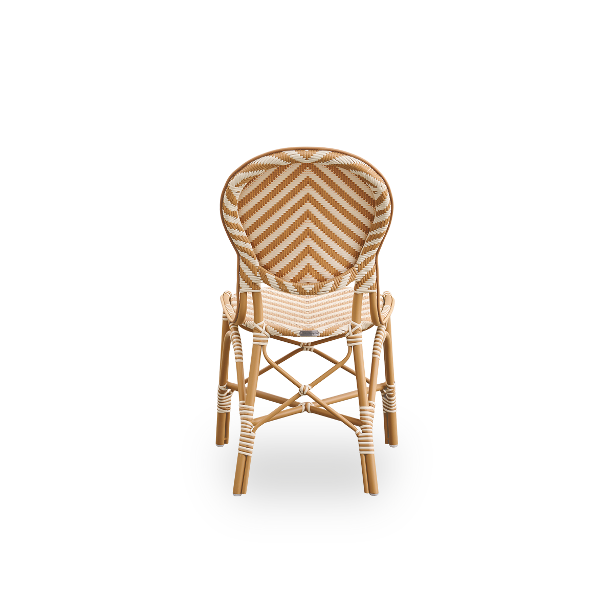 Plain back view of Isabell outdoor dining chair. Almond colored aluminium frame with seat and backrest made in ArtFibre in ivory and honey colored herringbone pattern.