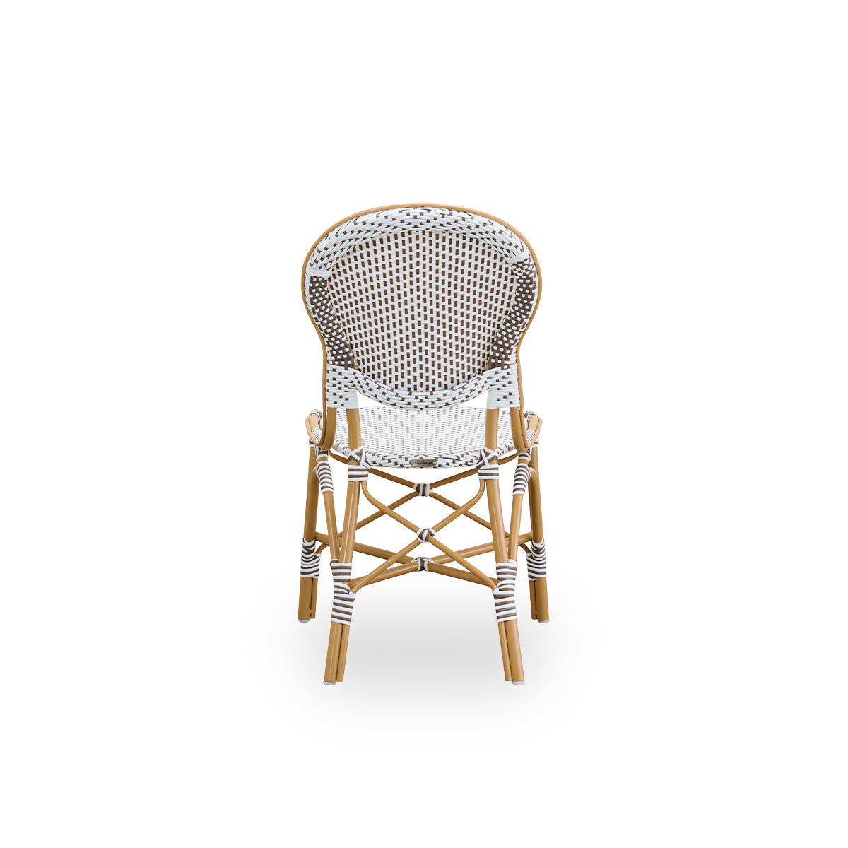 Plain back view of Isabell outdoor dining chair. Almond colored aluminium frame with seat and backrest made in white ArtFibre with brown dots. Inspired by 1950s bistro design.