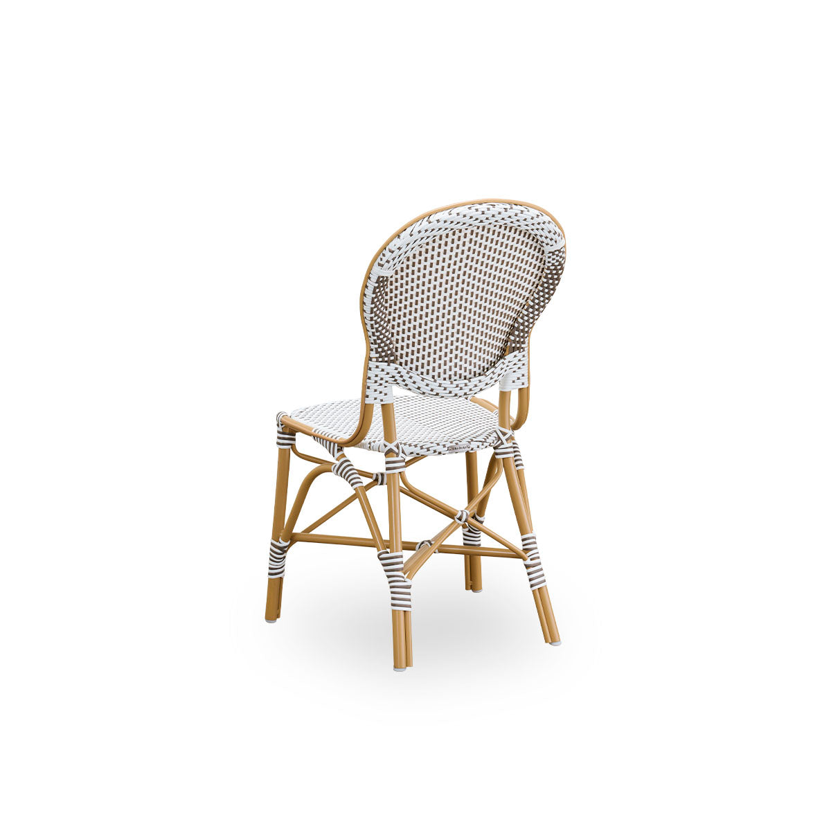 Back side view of the Isabell outdoor dining chair.
Almond-colored aluminum frame with seat and backrest made in white ArtFibre with brown dots. Inspired by 1950s bistro design.