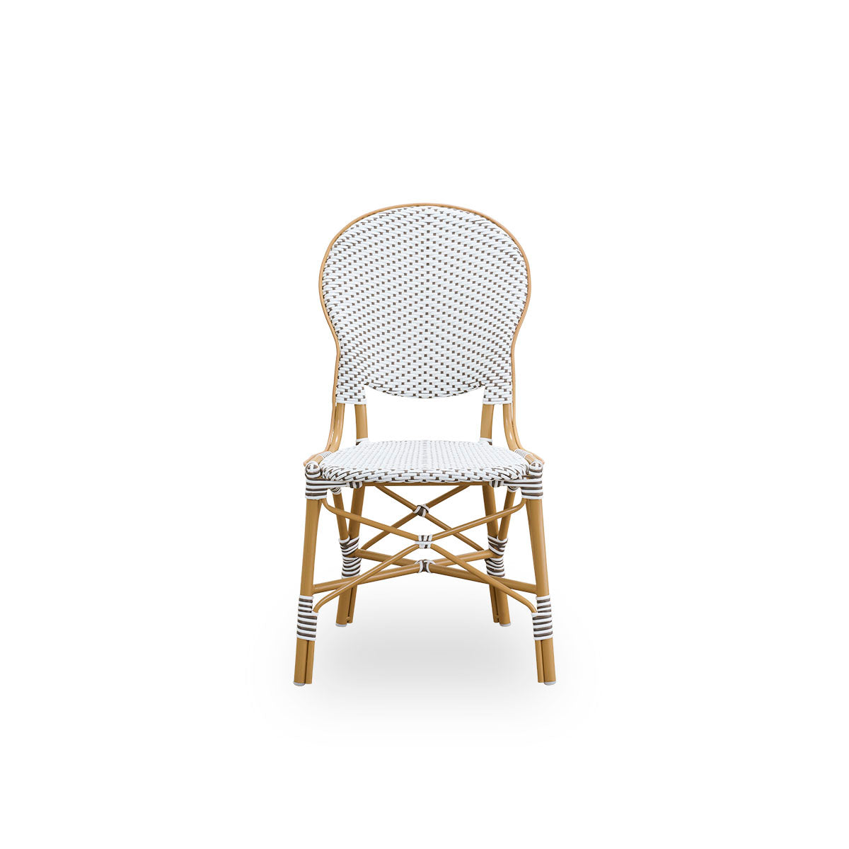 Front view of the Isabell outdoor dining chair.
Almond-colored aluminium frame with seat and backrest made in white ArtFibre with brown dots. Inspired by 1950s bistro design.