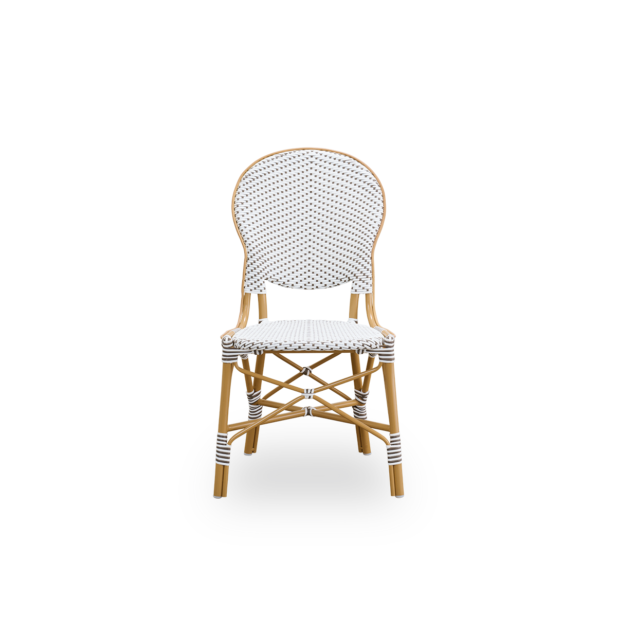 Front view of the Isabell outdoor dining chair.
Almond-colored aluminium frame with seat and backrest made in white ArtFibre with brown dots. Inspired by 1950s bistro design.