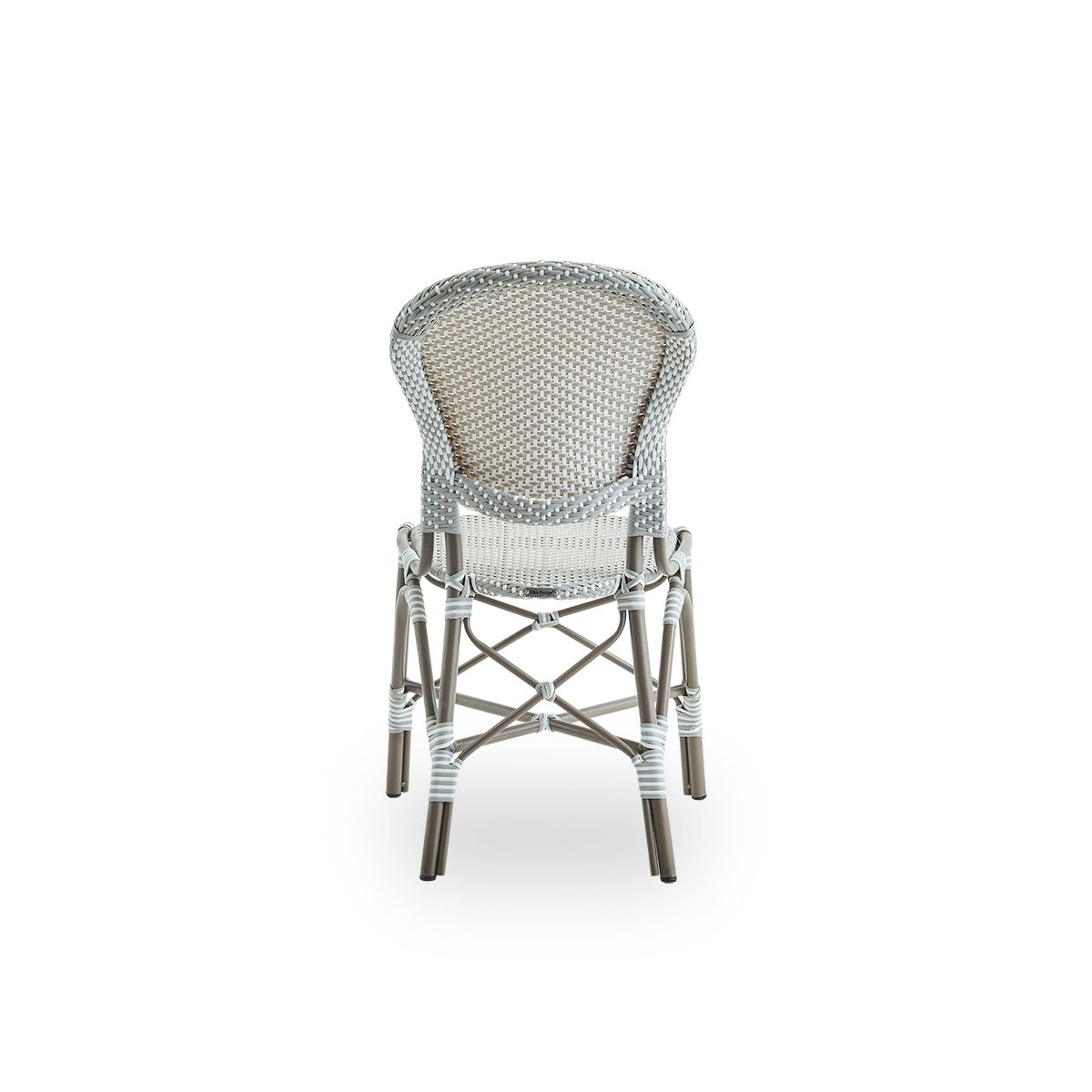 Plain back view of Isabell outdoor dining chair. Taupe aluminium frame with seat and backrest made in grey ArtFibre with white dots. Inspired by 1950s bistro design.