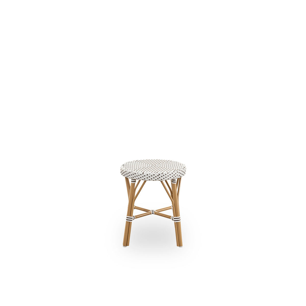 Plain side view of Simone outdoor stool height 52 cm. Aluminium frame in Almond color with footrest, with fully woven round seat handcrafted in ArtFibre in white with brown dots pattern. Stackable stool.