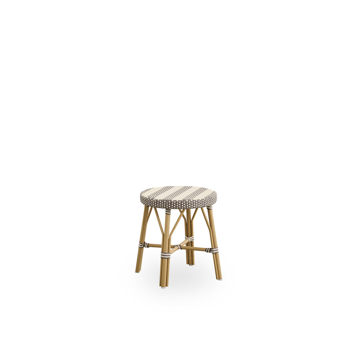 Side view of Simone outdoor stool height 52 cm. Aluminium frame in Almond color with footrest, with fully woven round seat handcrafted in ArtFibre with broad stripes in Ivory and Brown. Stackable stool.
