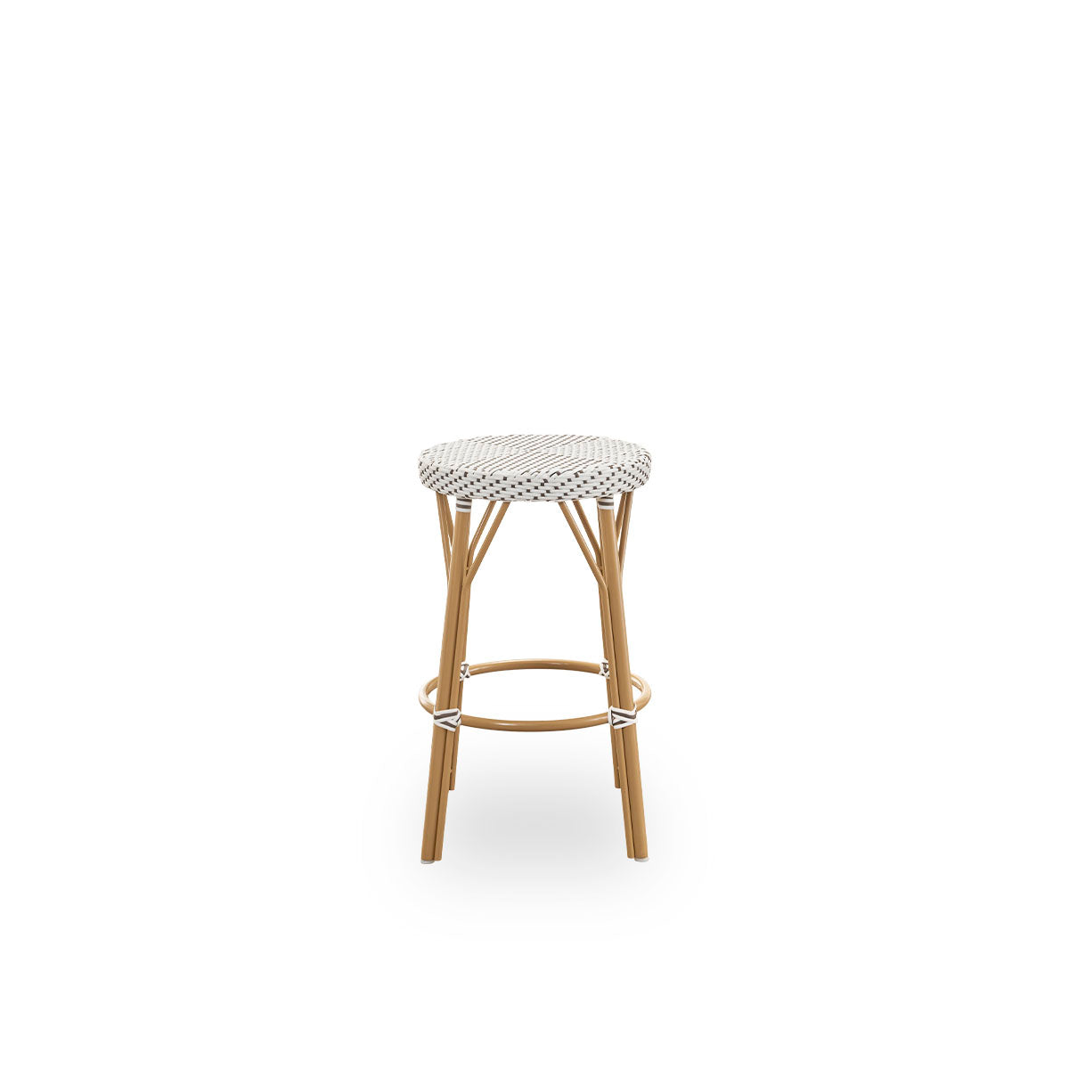 Plain side view of Simone outdoor counterstool height 68 cm. Aluminium frame in Almond color with footrest, with fully woven round seat handcrafted in ArtFibre in white with brown dots pattern. Stackable counterstool.