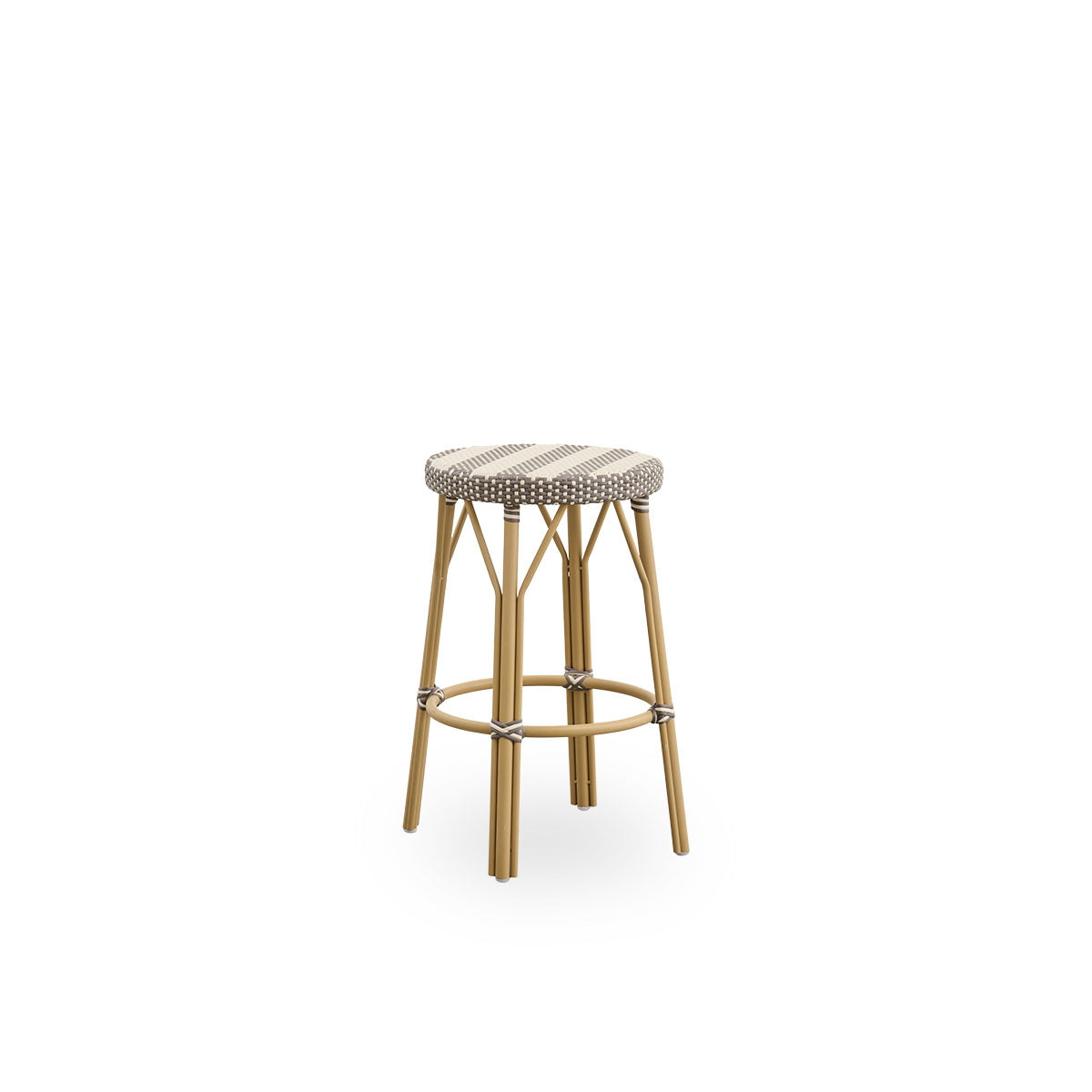 Side view of Simone outdoor counterstool height 68 cm. Aluminium frame in Almond color with footrest, with fully woven round seat handcrafted in ArtFibre with broad stripes in Ivory and Brown. Stackable counterstool.