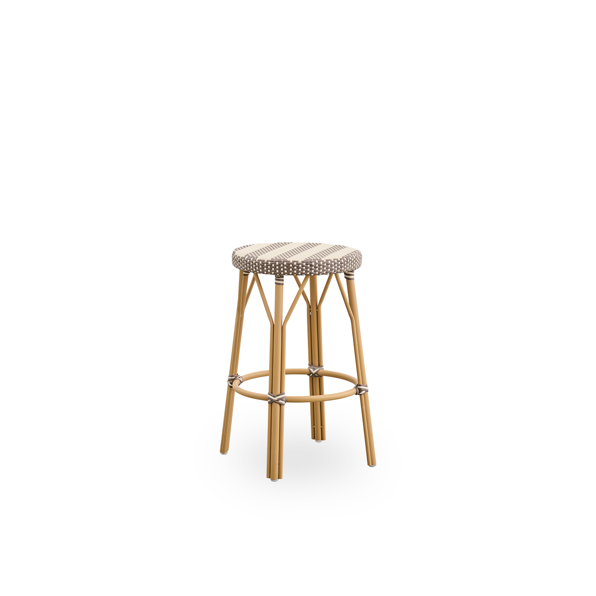 Side view of Simone outdoor counterstool height 68 cm. Aluminium frame in Almond color with footrest, with fully woven round seat handcrafted in ArtFibre with broad stripes in Ivory and Brown. Stackable counterstool.