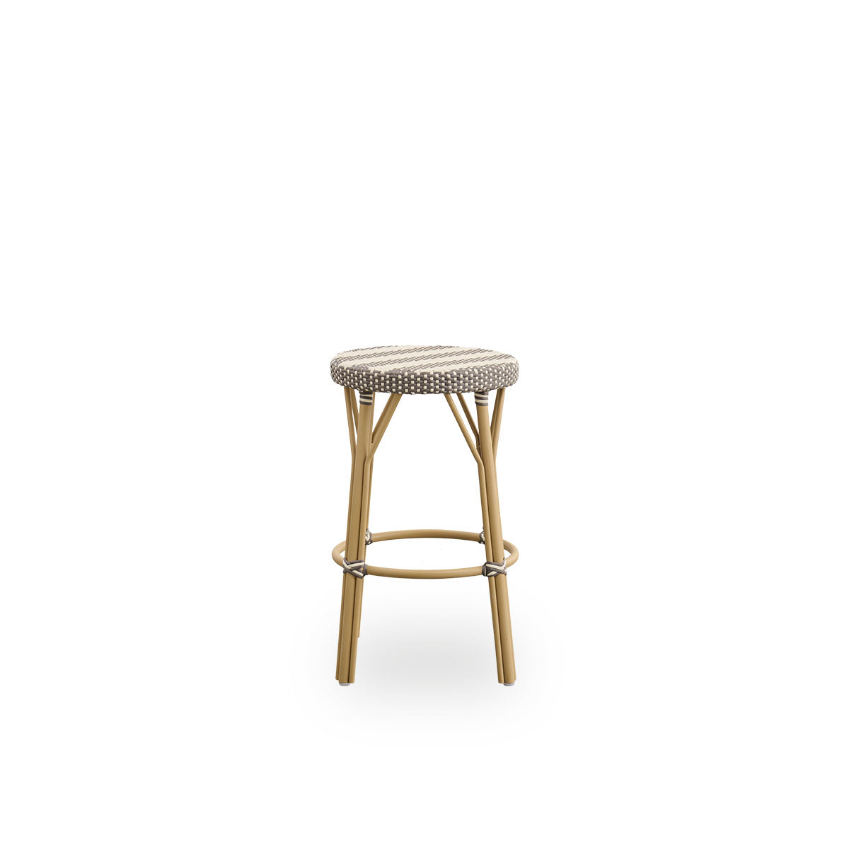 Plain side view of Simone outdoor counterstool height 68 cm. Aluminium frame in Almond color with footrest, with fully woven round seat handcrafted in ArtFibre with broad stripes in Ivory and Brown. Stackable counterstool.