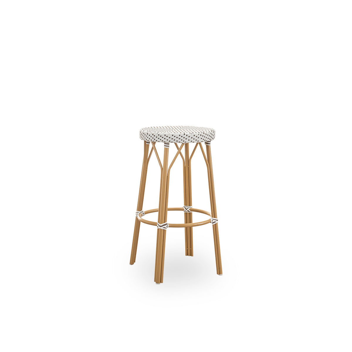 Side view of Simone outdoor barstool height 78 cm. Aluminium frame in Almond color with footrest, with fully woven round seat handcrafted in ArtFibre in white with brown dots pattern. Stackable barstool.