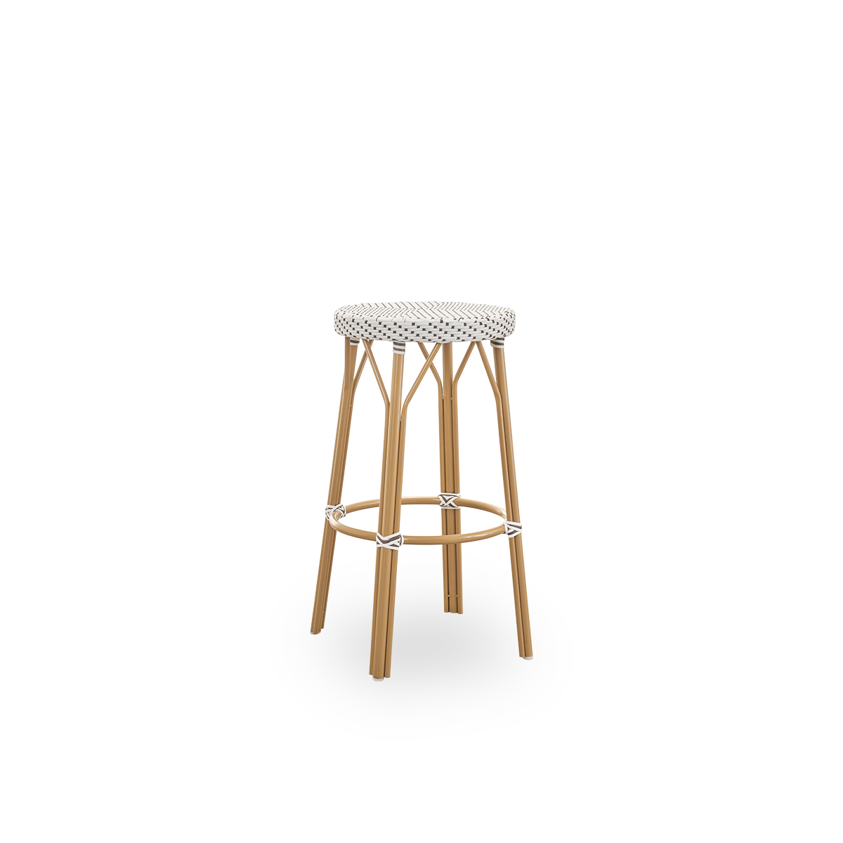 Side view of Simone outdoor barstool height 78 cm. Aluminium frame in Almond color with footrest, with fully woven round seat handcrafted in ArtFibre in white with brown dots pattern. Stackable barstool.