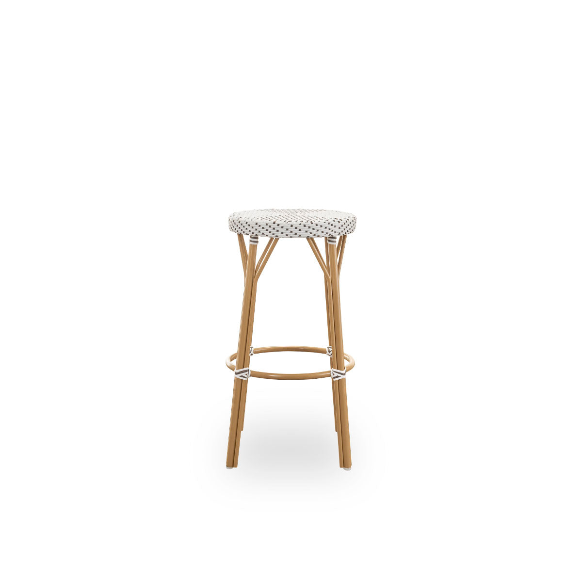 Plain side view of Simone outdoor barstool height 78 cm. Aluminium frame in Almond color with footrest, with fully woven round seat handcrafted in ArtFibre in white with brown dots pattern. Stackable barstool.