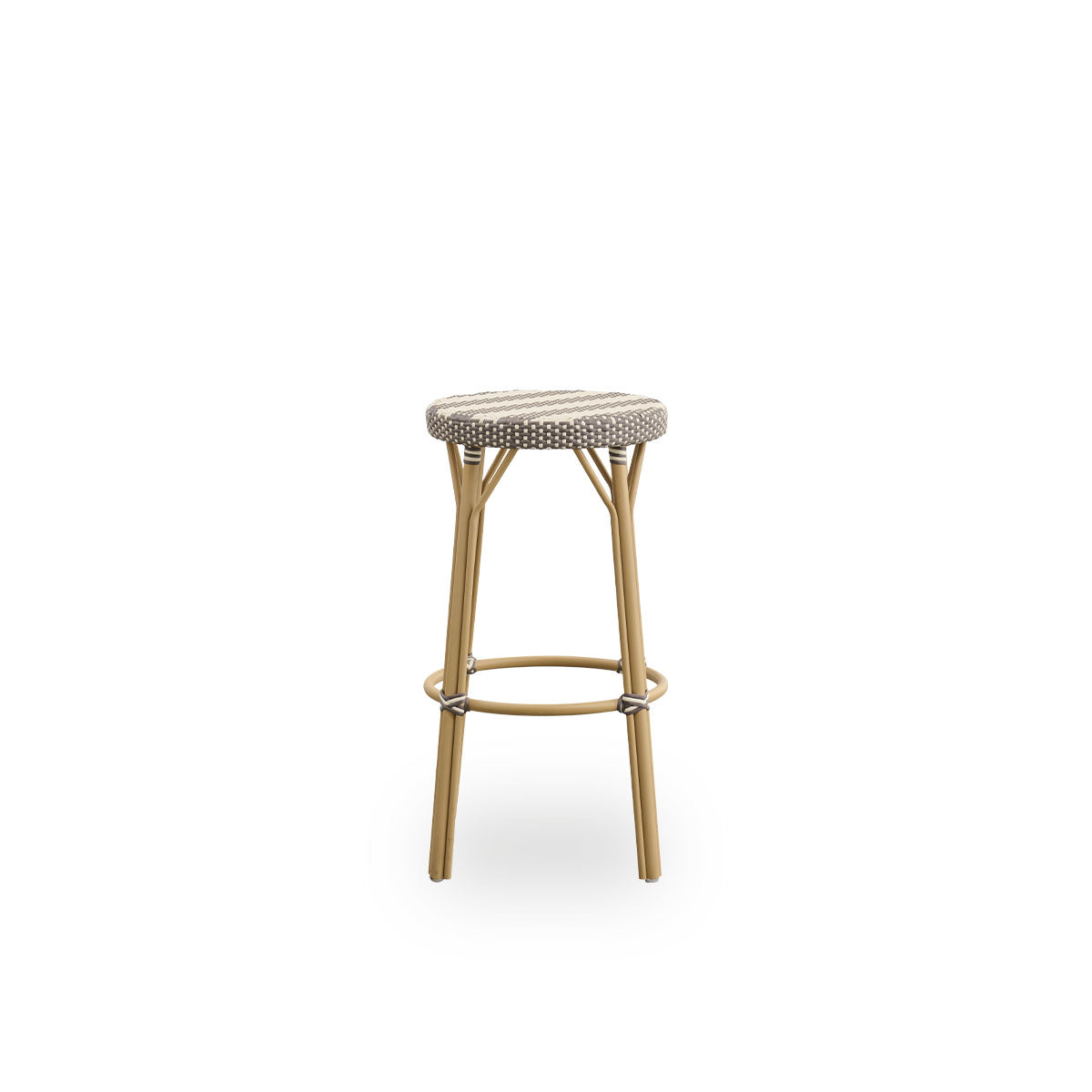 Plain side view of Simone outdoor barstool height 78 cm. Aluminium frame in Almond color with footrest, with fully woven round seat handcrafted in ArtFibre with broad stripes in Ivory and Brown. Stackable barstool.