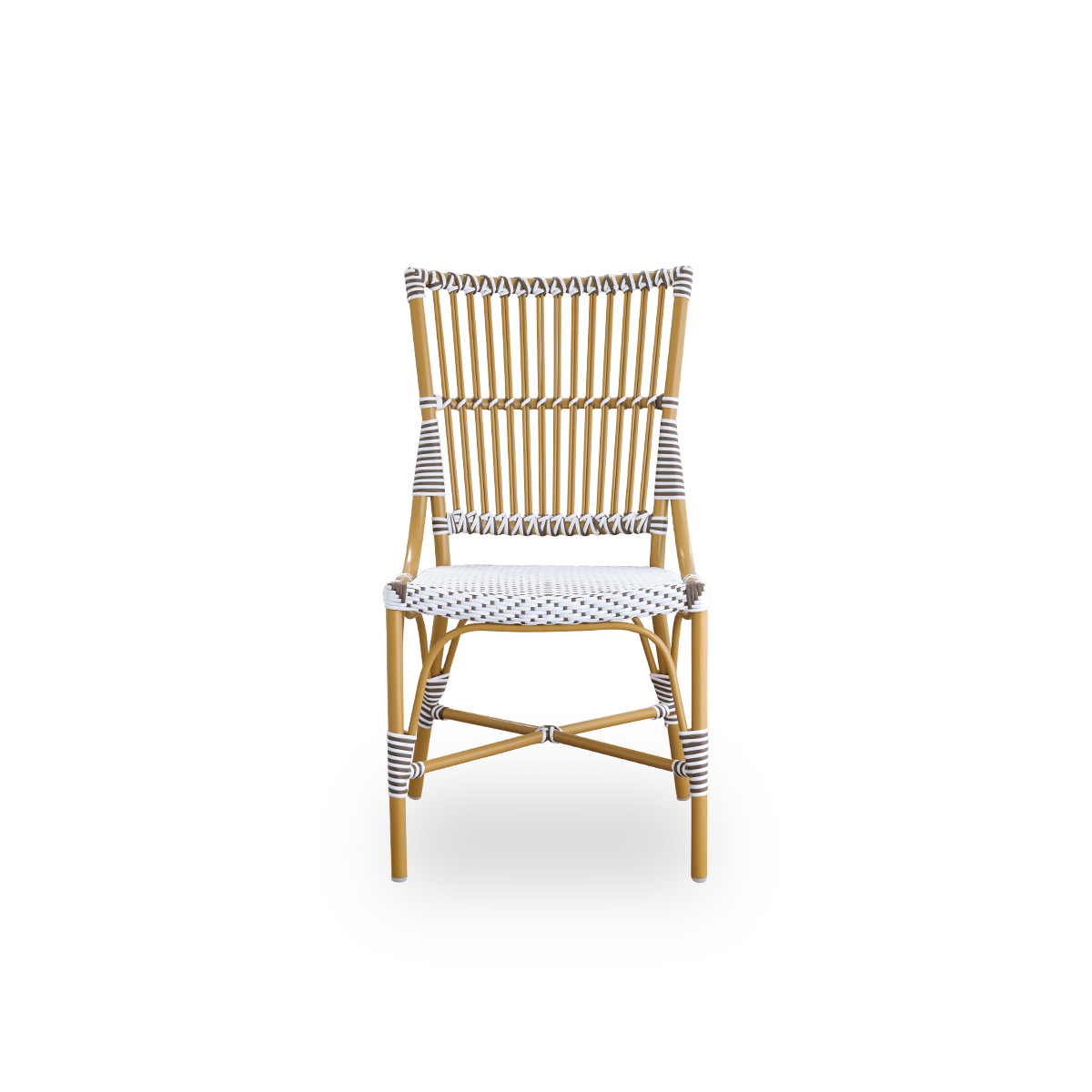 Front view of the Monique outdoor dining chair.
Aluminium frame in almond color with seat woven with ArtFibre in white with brown dots. Inspired by 1950s bistro design.