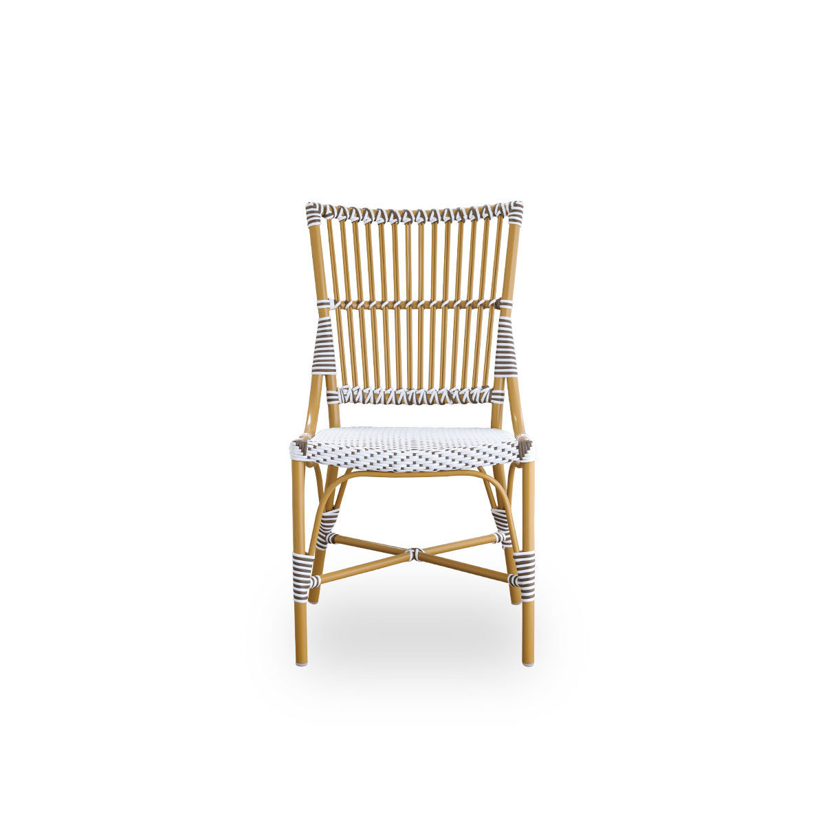 Front view of the Monique outdoor dining chair.
Aluminium frame in almond color with seat woven with ArtFibre in white with brown dots. Inspired by 1950s bistro design.