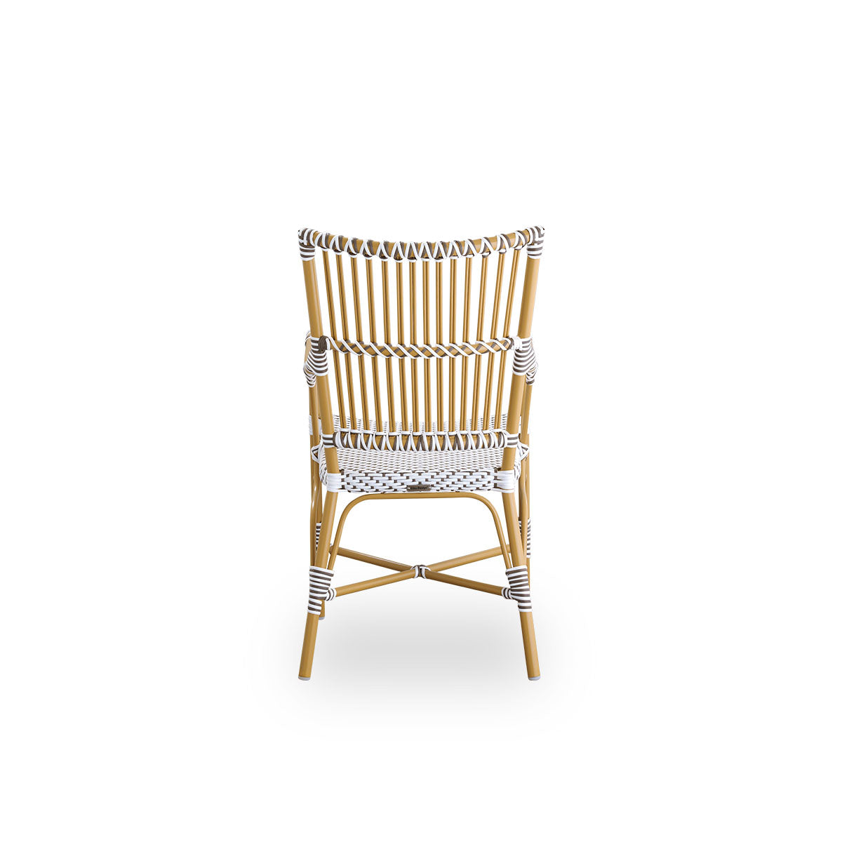 Plain back view of Monique outdoor dining armchair. Aluminium frame in almond color with seat woven with ArtFibre in white with brown dots. Inspired by 1950s bistro design.