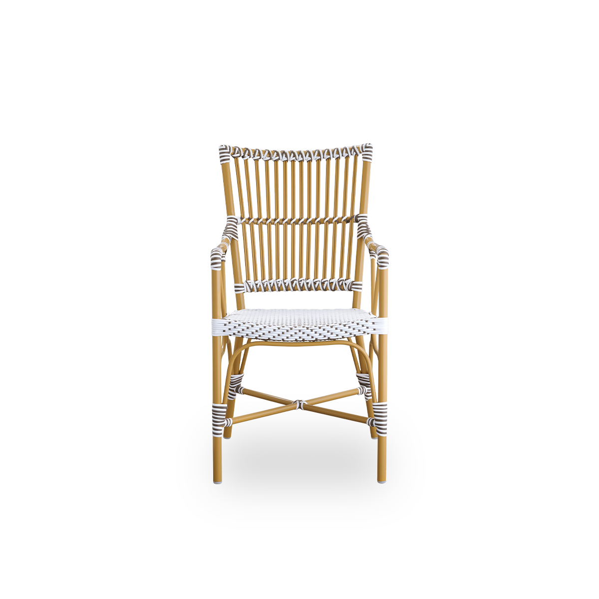 Front view of the Monique outdoor dining armchair.
Aluminium frame in almond color with seat woven with ArtFibre in white with brown dots. Inspired by 1950s bistro design.