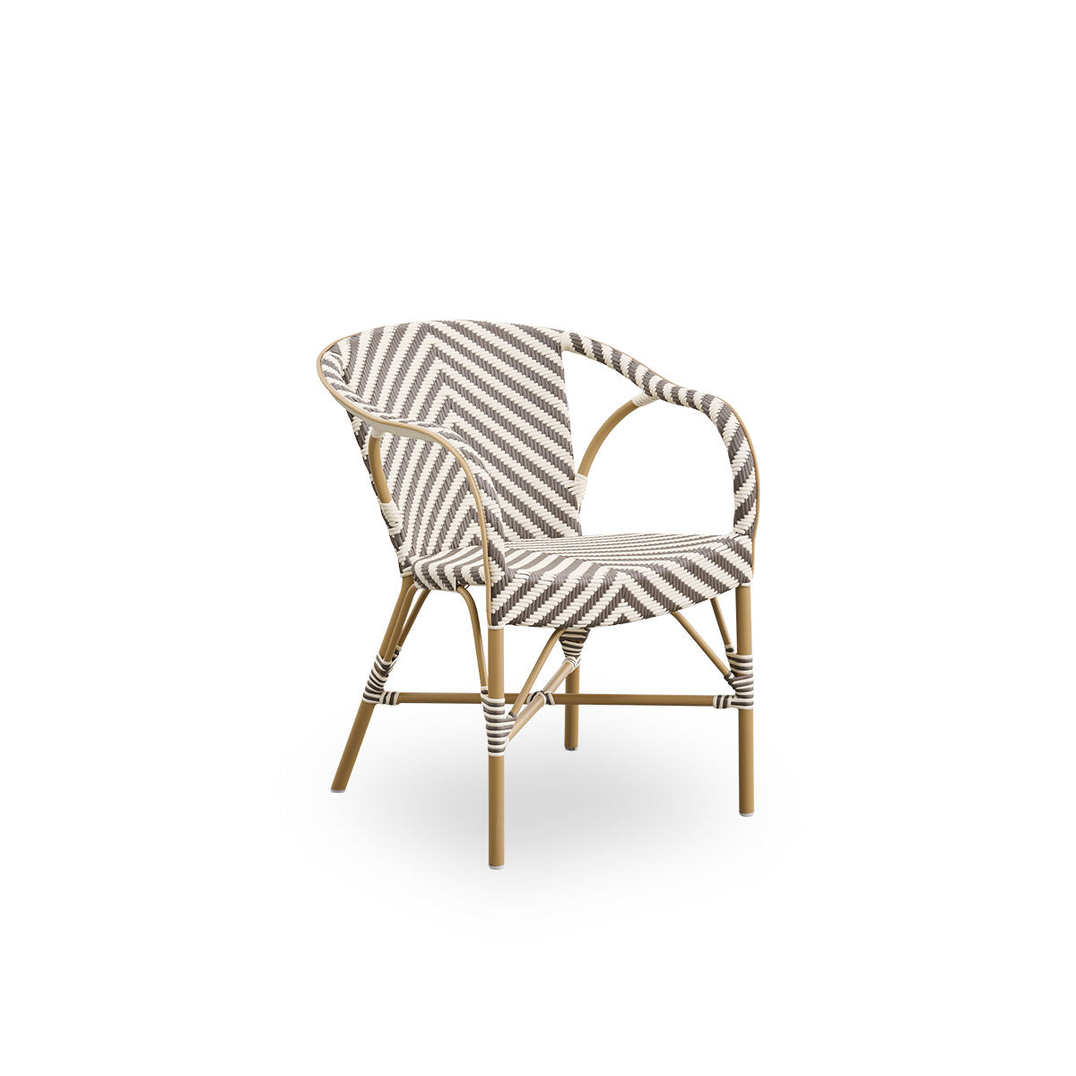 Side view of Madeleine outdoor dining armchair. Aluminium frame in almond color with seat and backrest woven with ArtFibre in ivory and brown herringbone pattern.
