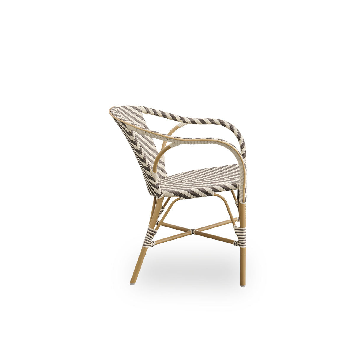 Plain side view of Madeleine outdoor dining armchair. Aluminium frame in almond color with seat and backrest woven with ArtFibre in ivory and brown herringbone pattern.