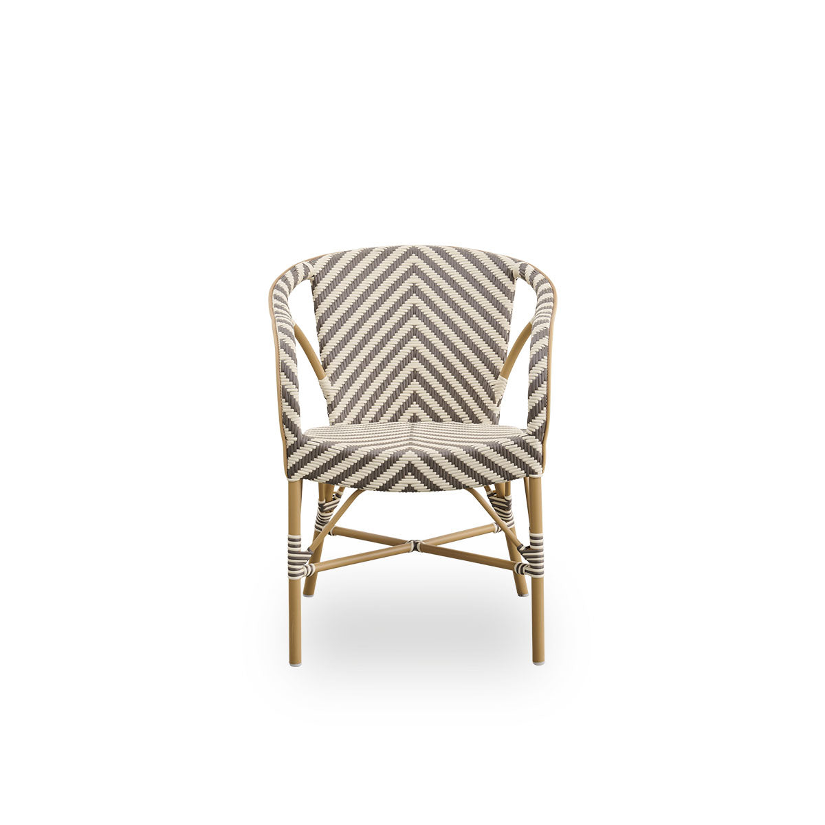 Front view of the Madeleine outdoor dining armchair.
Aluminium frame in almond color with seat and backrest woven with ArtFibre in an ivory and brown herringbone pattern.