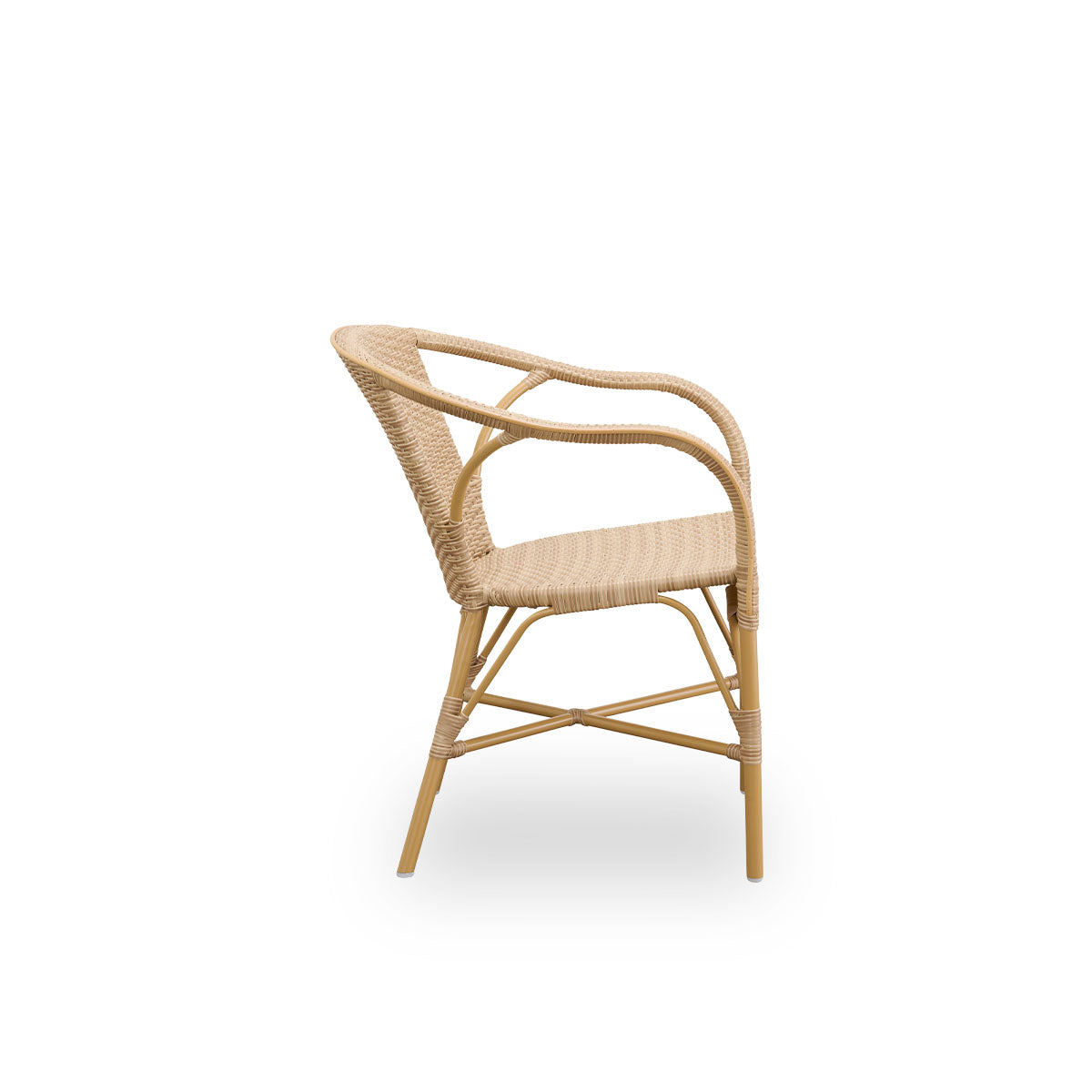 Plain side view of Madeleine outdoor dining armchair. Aluminium frame in almond color with seat and backrest woven with ArtFibre in natural color.