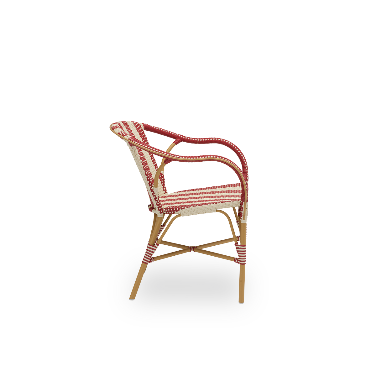 Plain side view of the Madeleine exterior dining chair, in almond frame with striped burgundy and ivory ArtFibre. Part of the Alu-Affäire collection, inspired by Sika-Design's own 1950s designs and Parisian bistros. For year-round outdoor use.